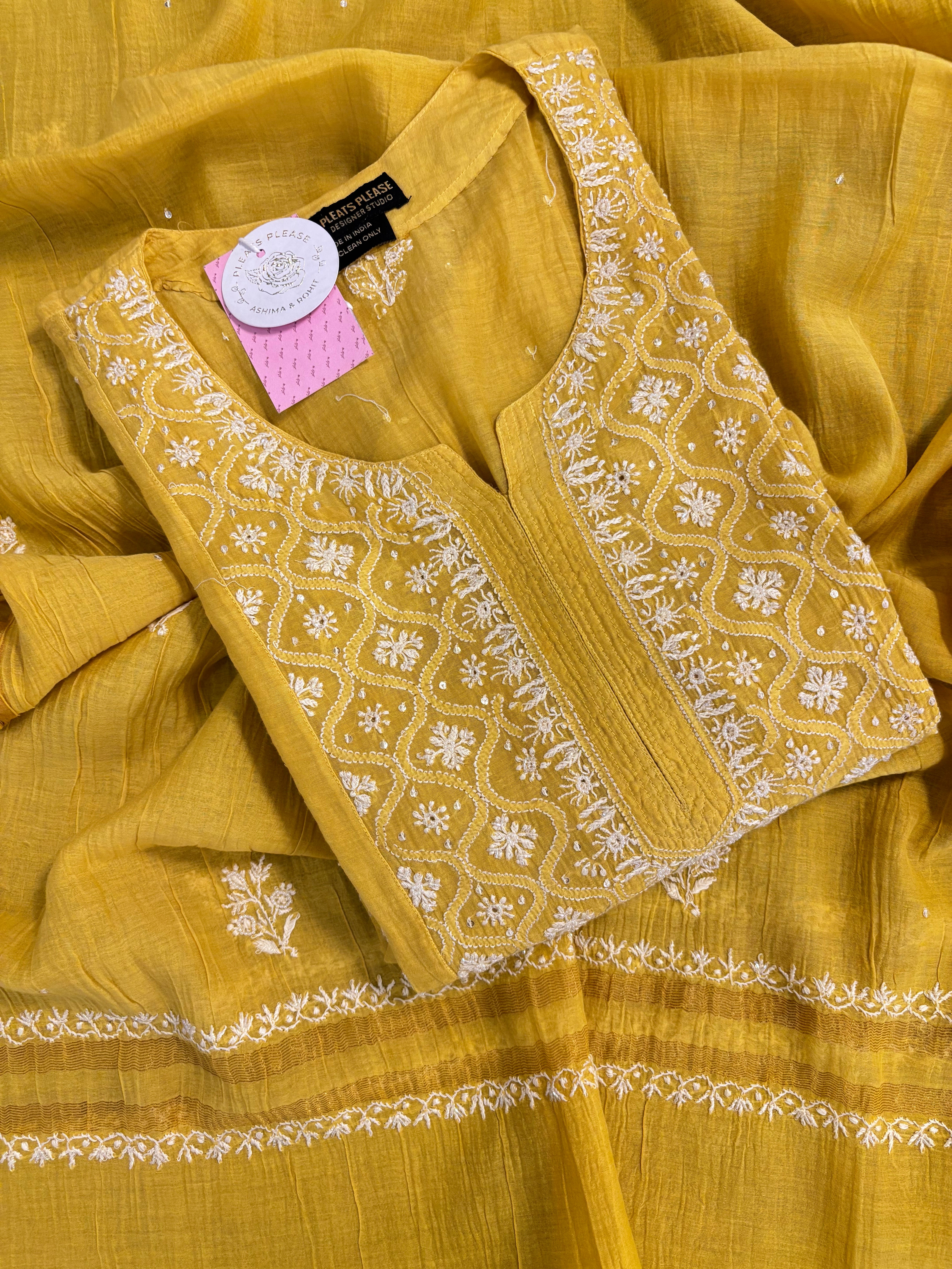 Turmeric Yellow Chanderi Chikankari Kurta & Dupatta