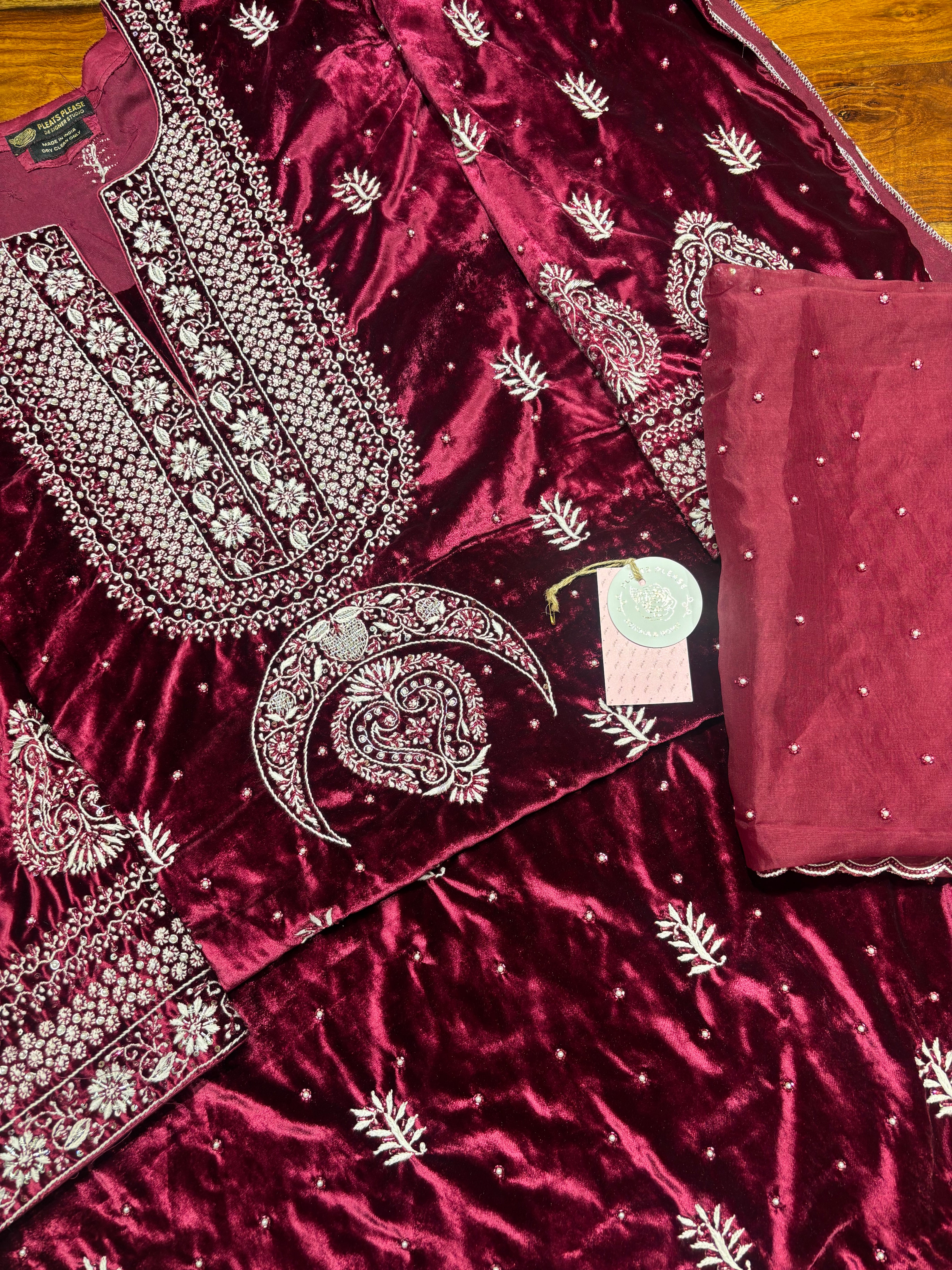 Plum Pure Velvet Chikankari Kurta And Dupatta Set
