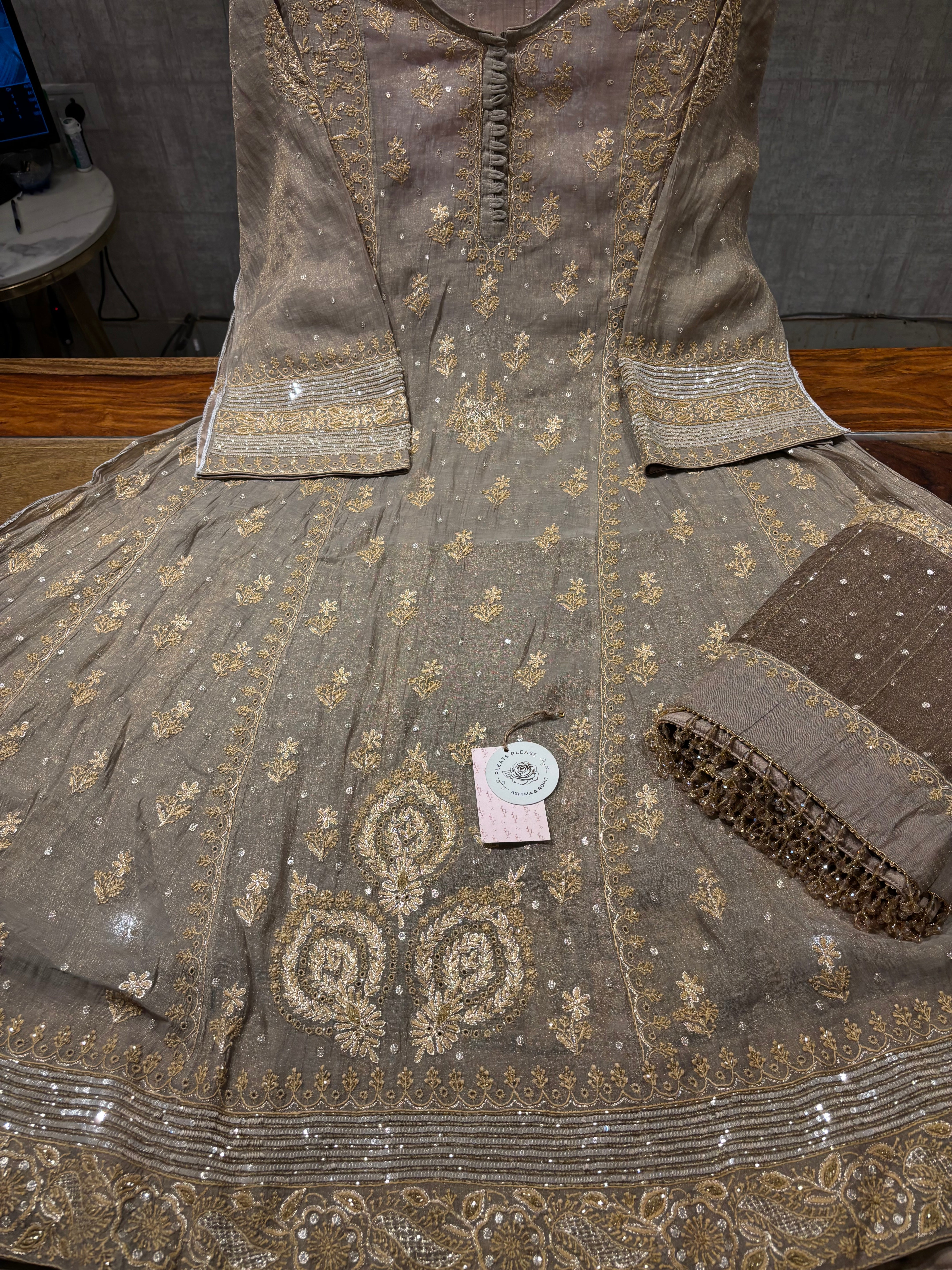 Sand Dune Tissue Chikankari Anarkali and Dupatta