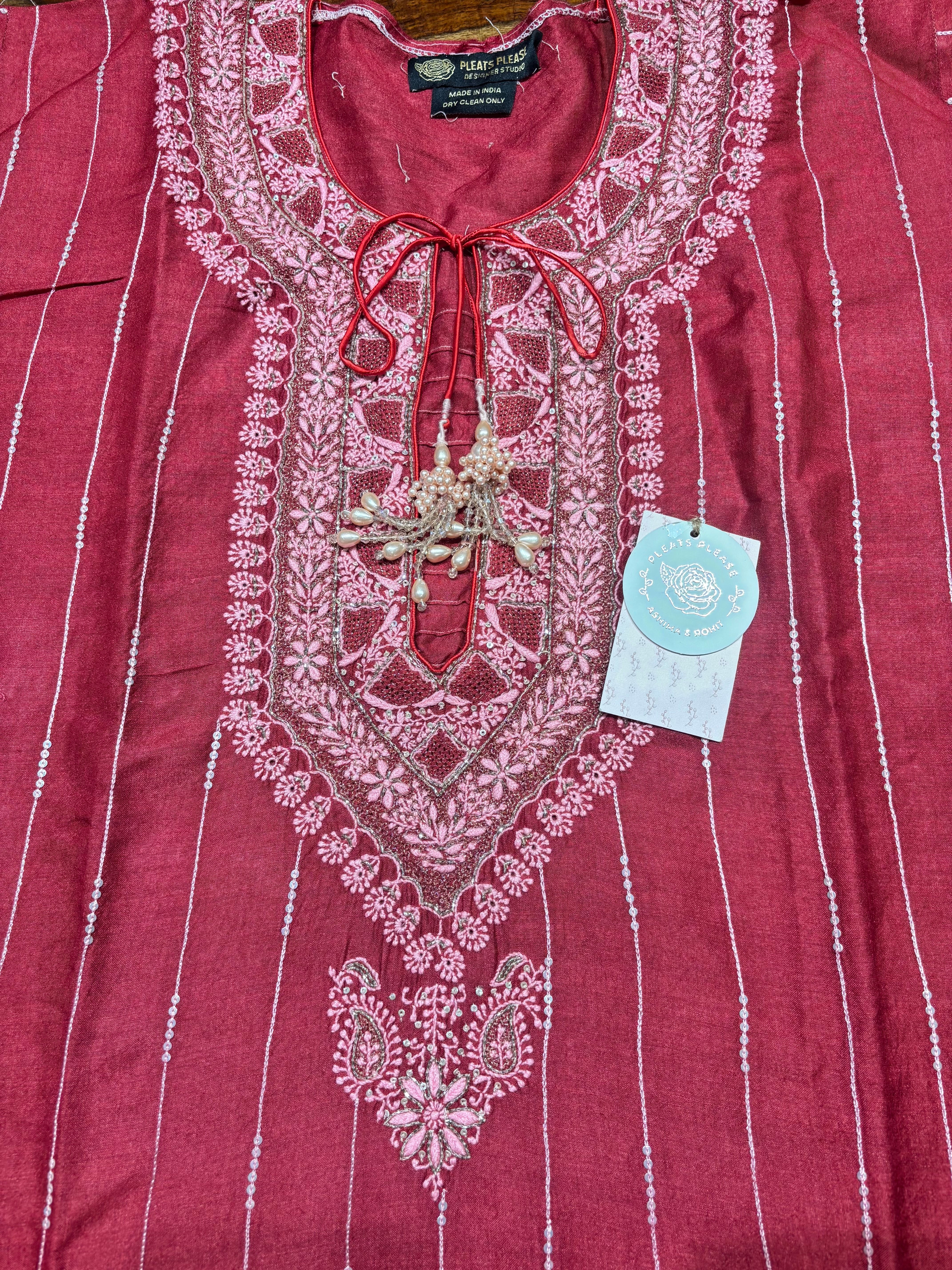 Red Monga Silk Chikankari Kurta & Dupatta Set