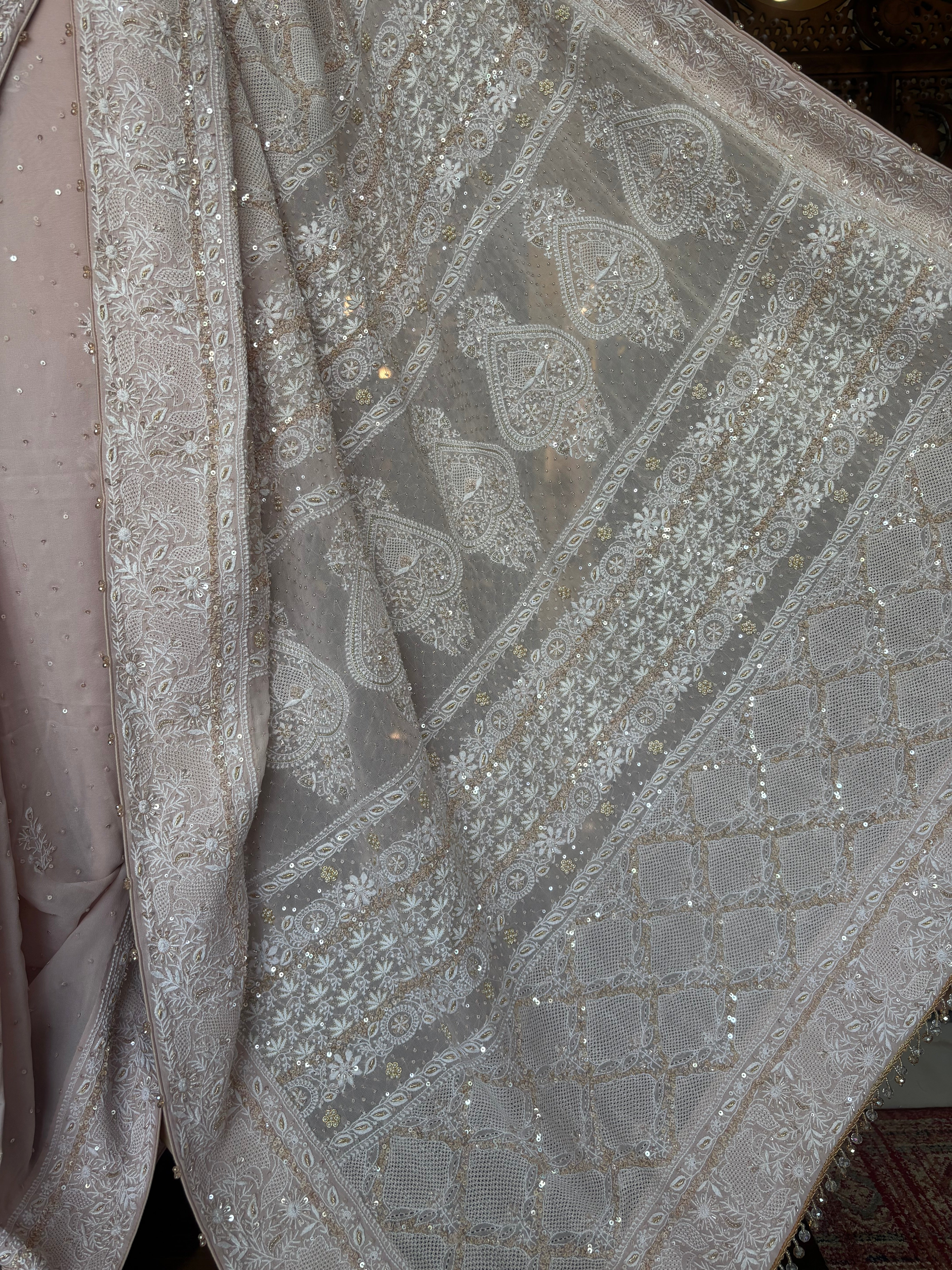 Baby Pink Pure & Premium Georgette Chikankari Zardozi Saree - Pleats PleaseChikankari