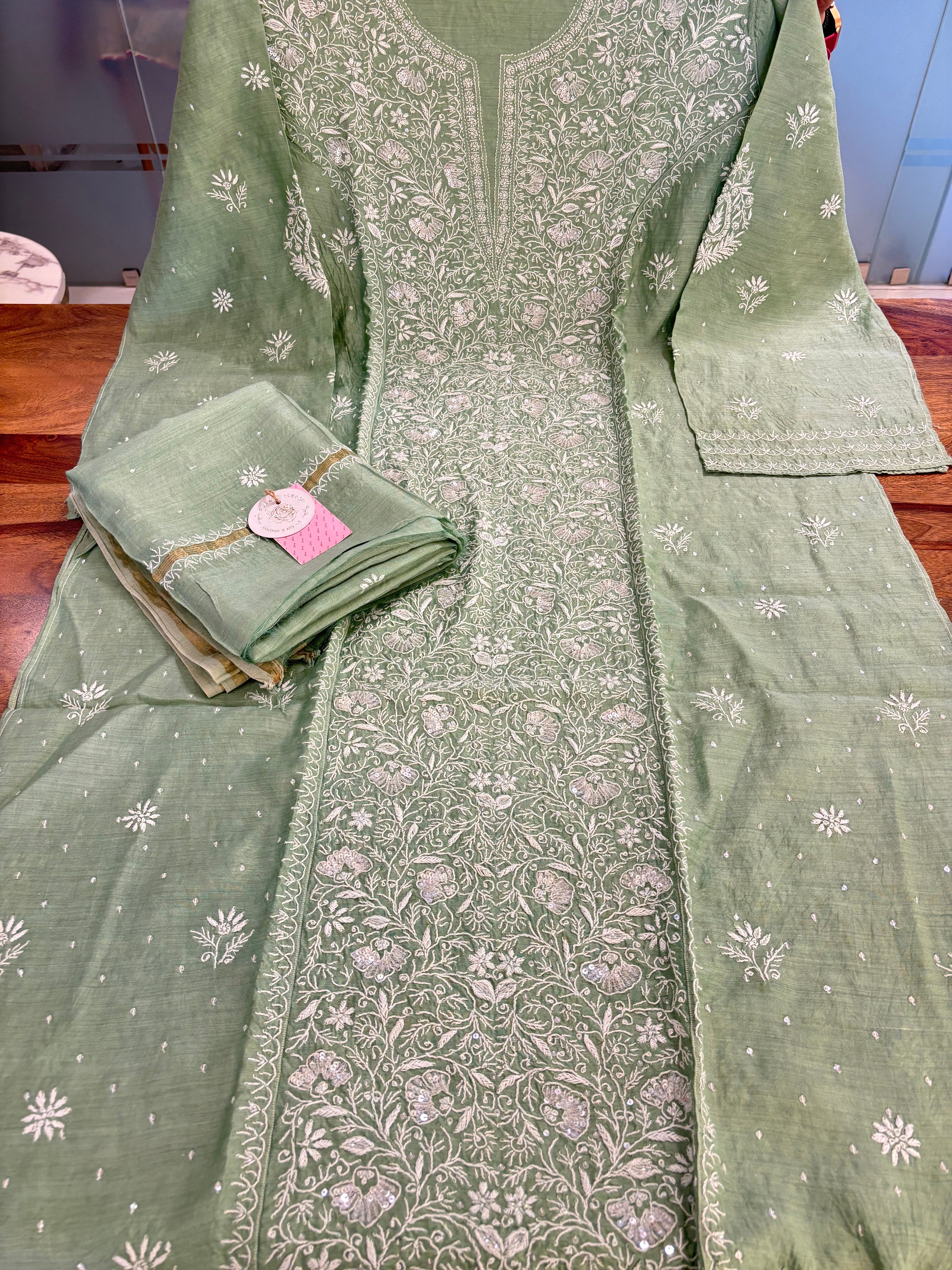 Sage Green Monga Silk Chikankari Kurta & Dupatta