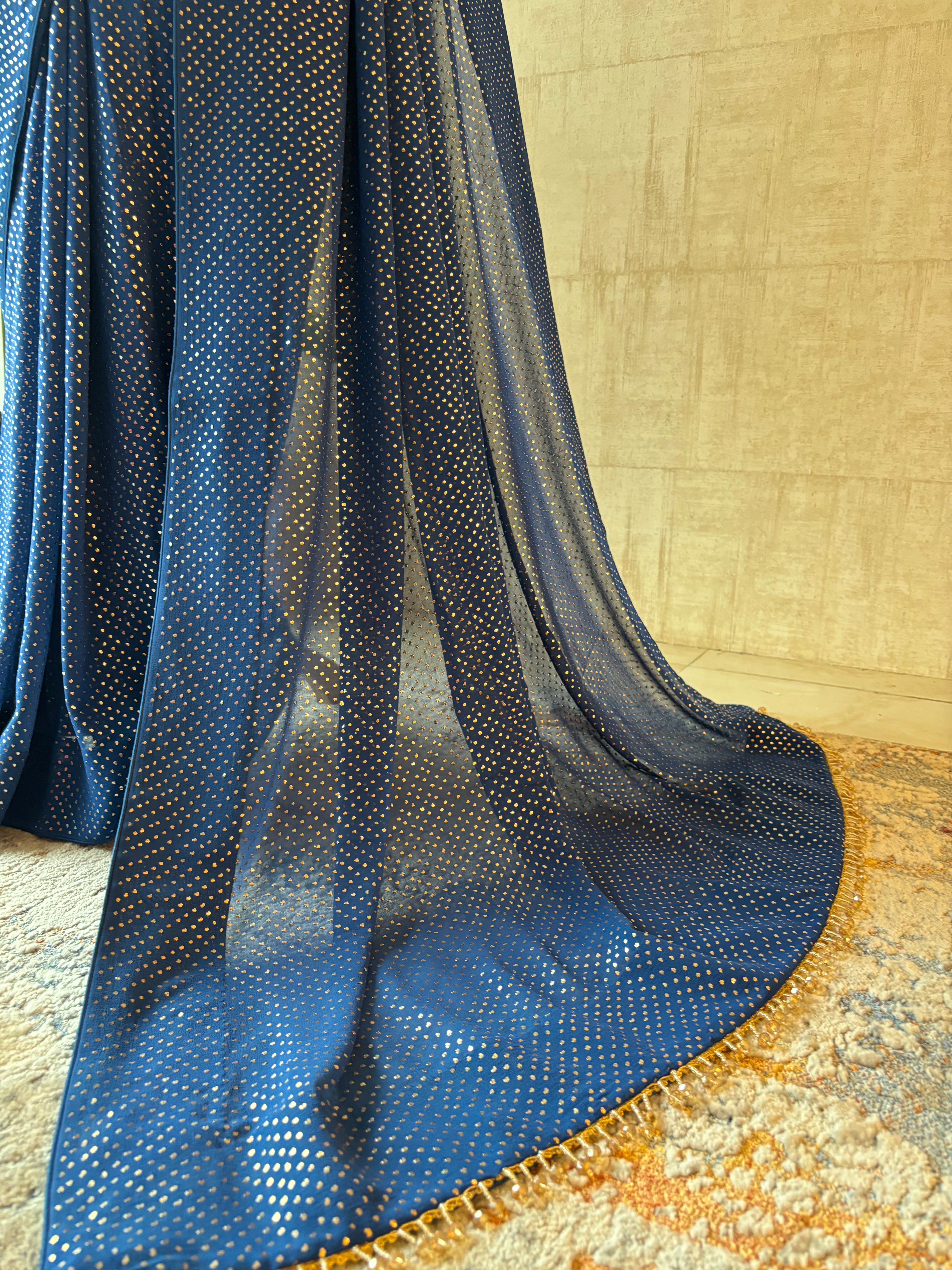 Electric Blue Pure & Premium Georgette Mukaish Saree & Blouse