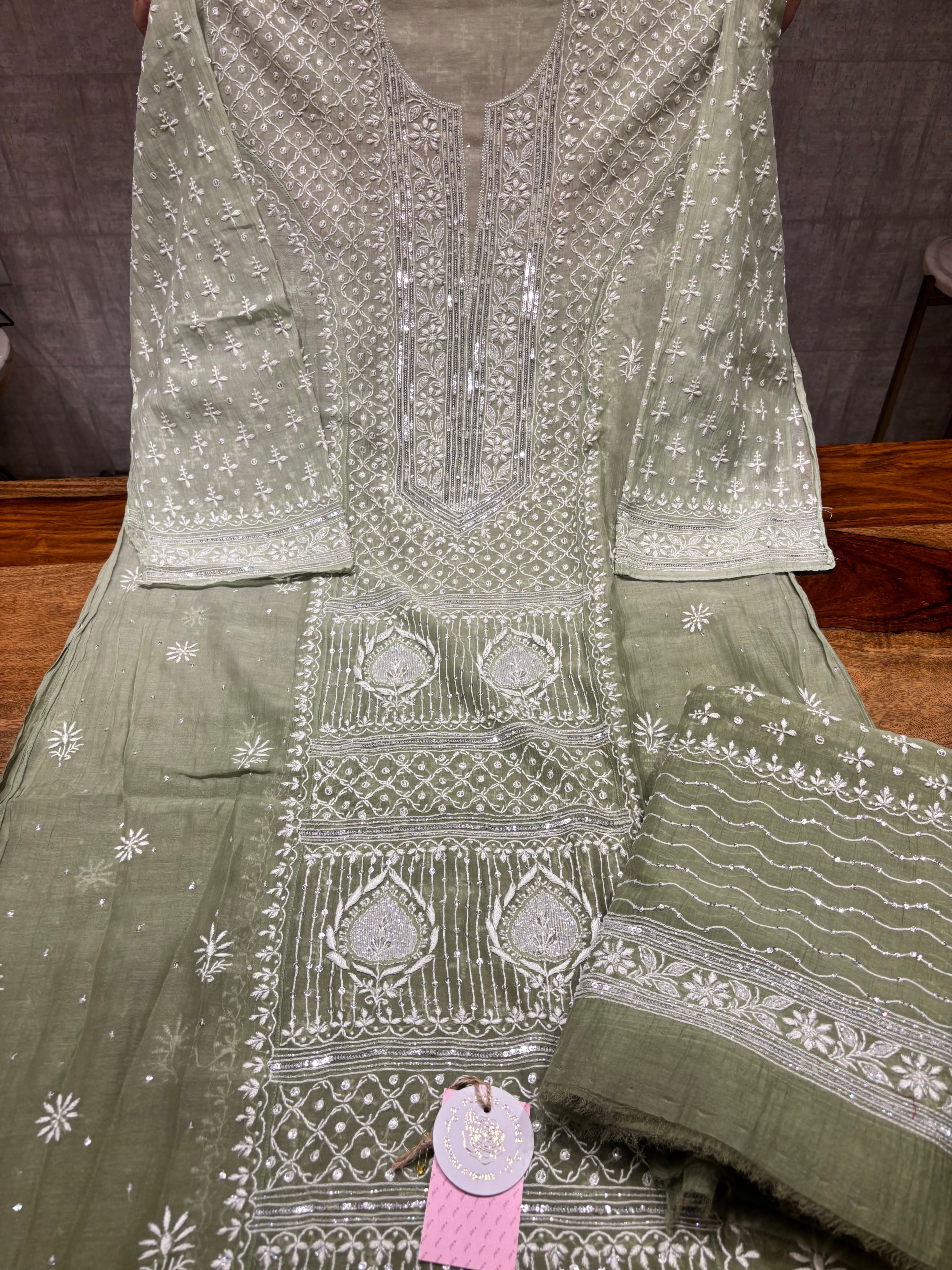 Green Ombre Chanderi Mul Chikankari kurta and Dupatta Set