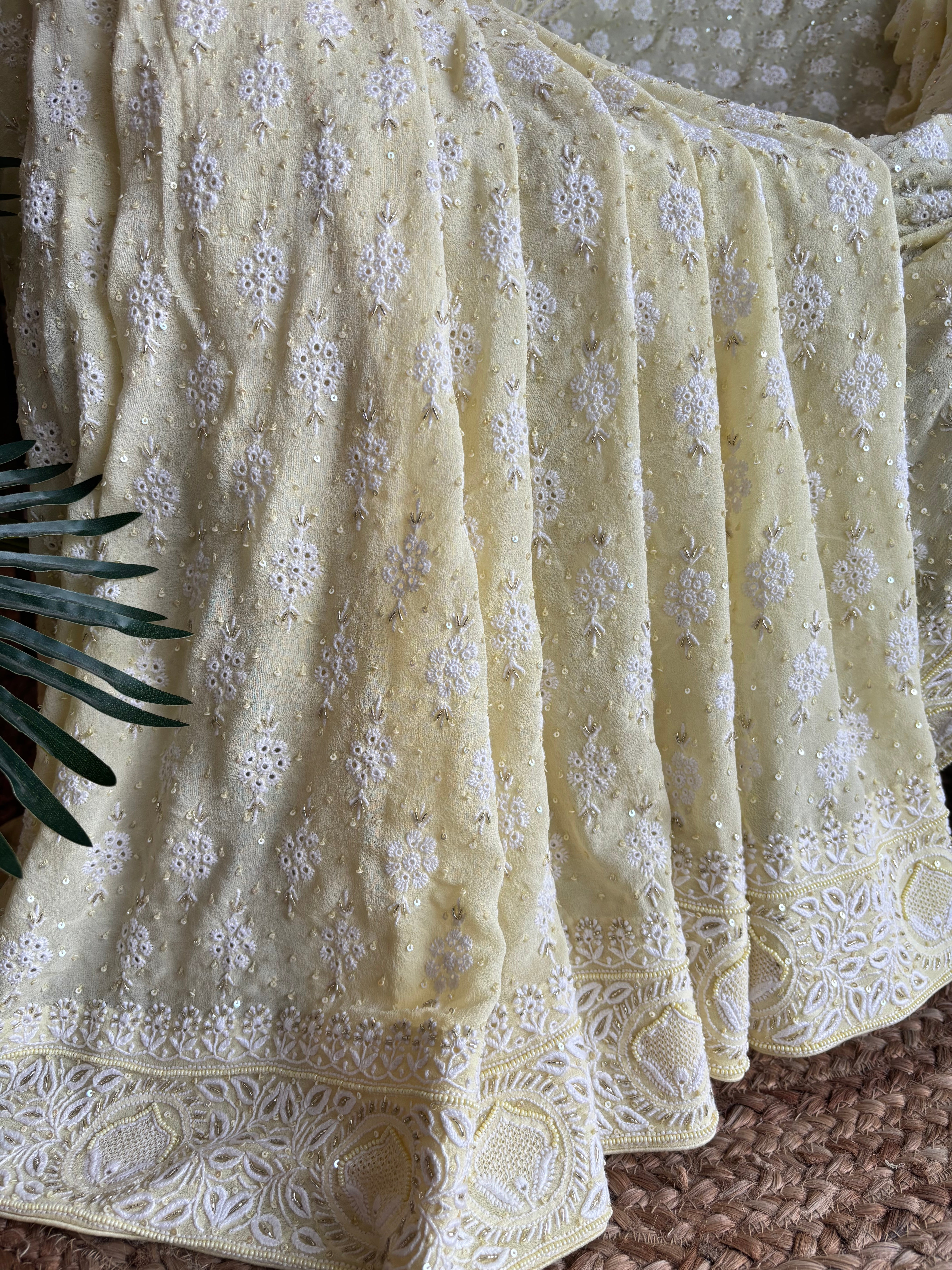 Lime Yellow Pure Georgette Chikankari saree and Blouse