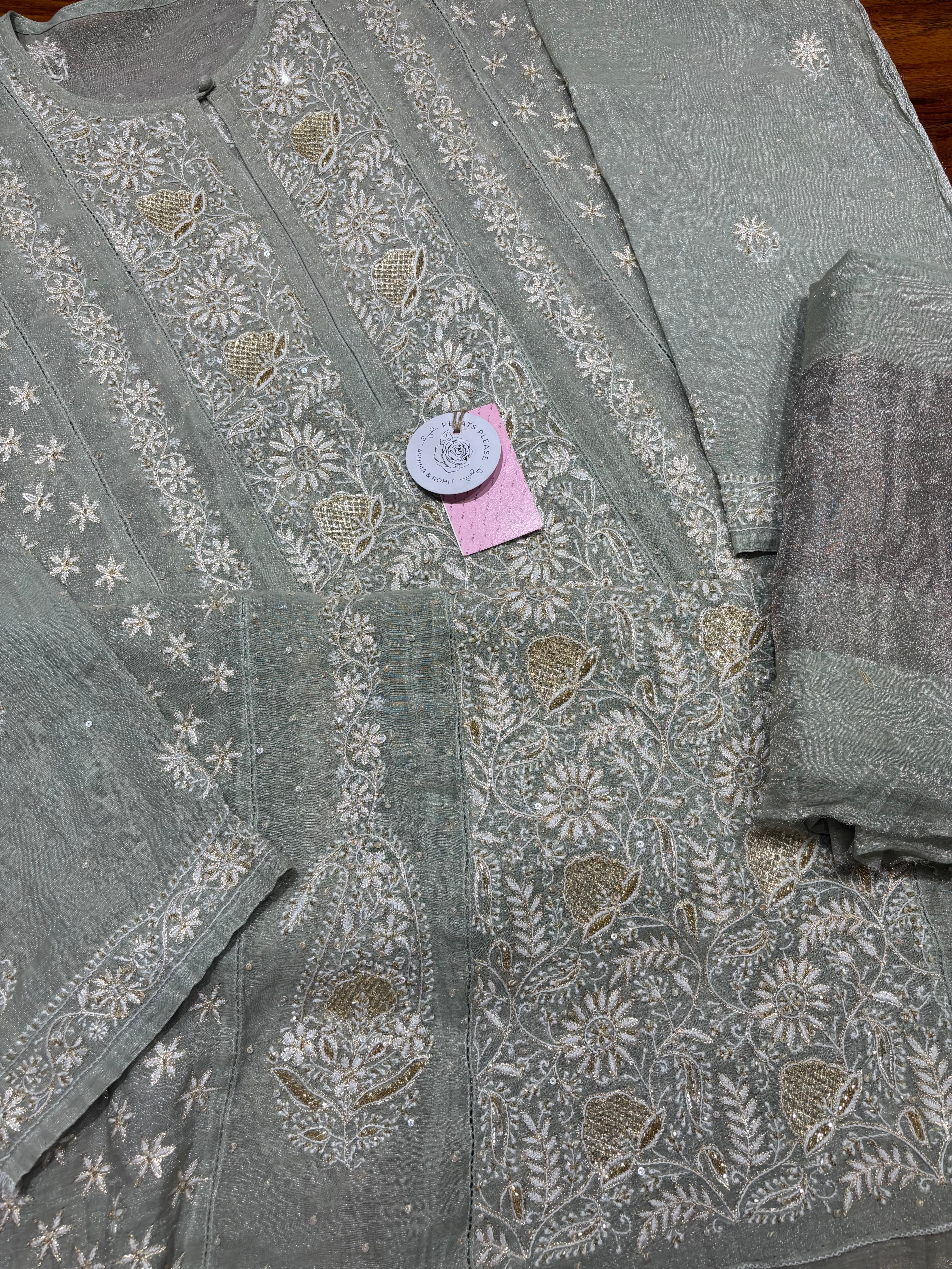 Sage Green Pure & Premium Tissue Chikankari Kalidar Kurta & Dupatta Set