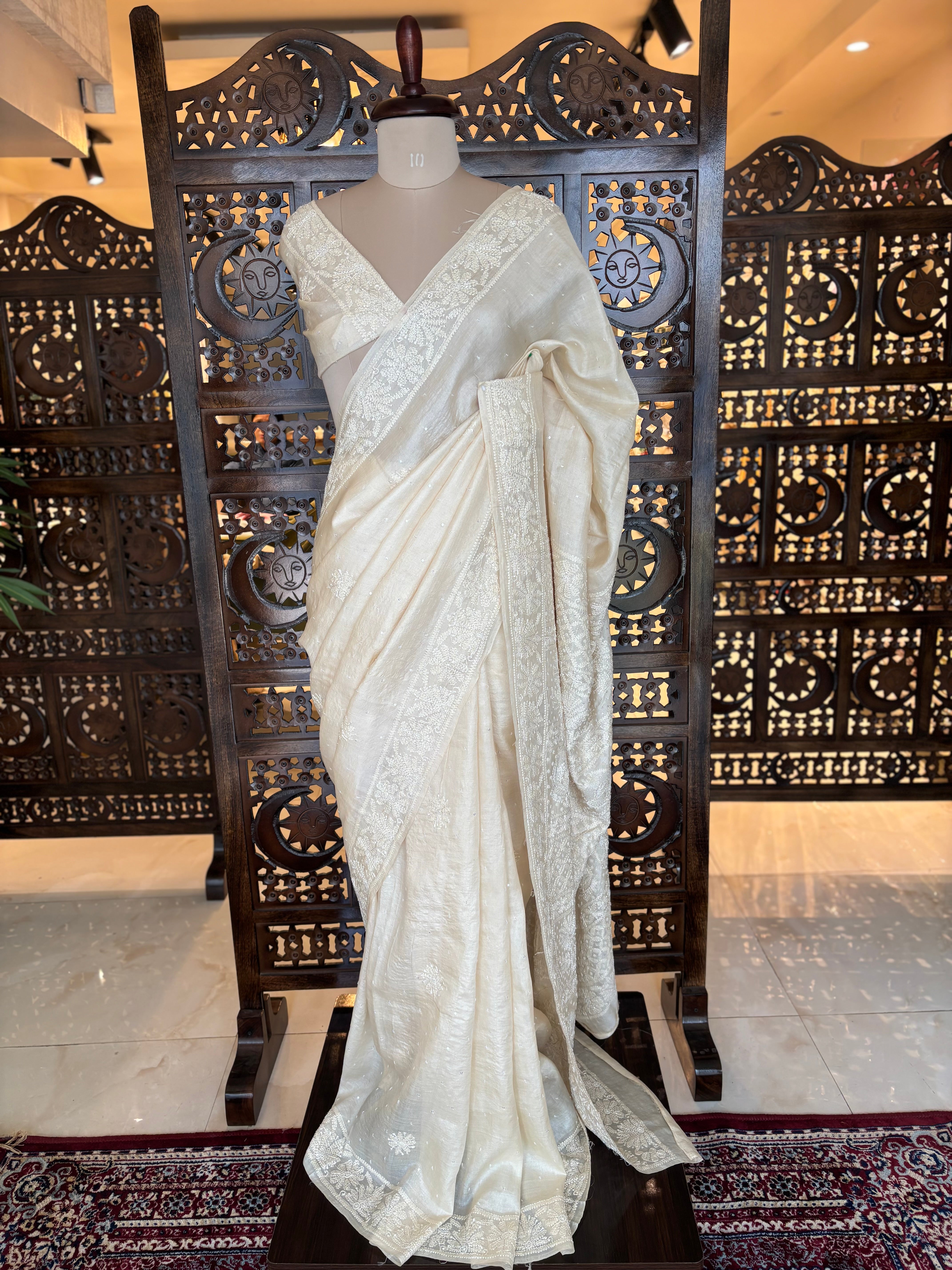 Dyeable Pure & Premium White Tussar Silk Chikankari Saree & Blouse