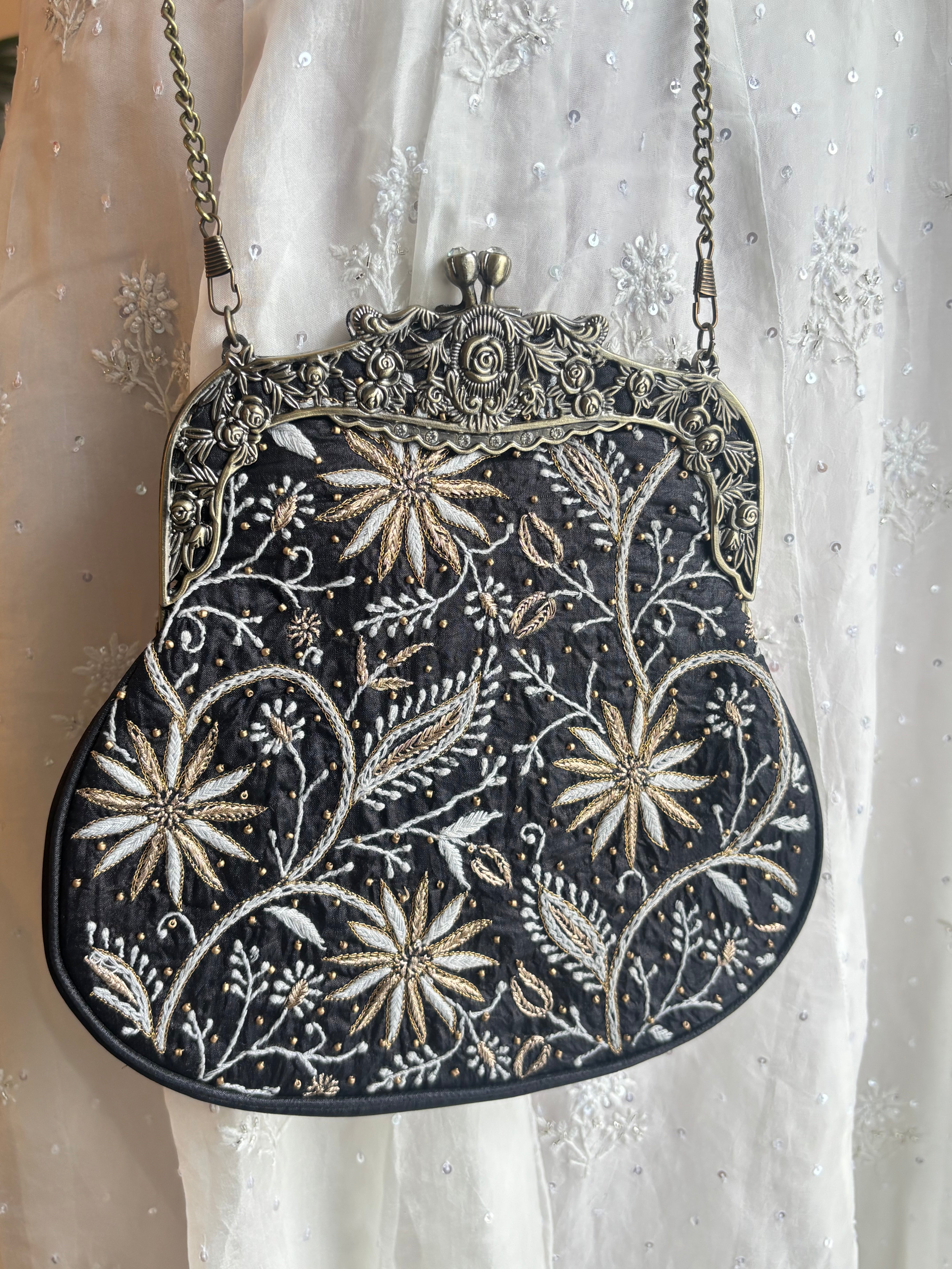Black Silk Chikankari Clutch