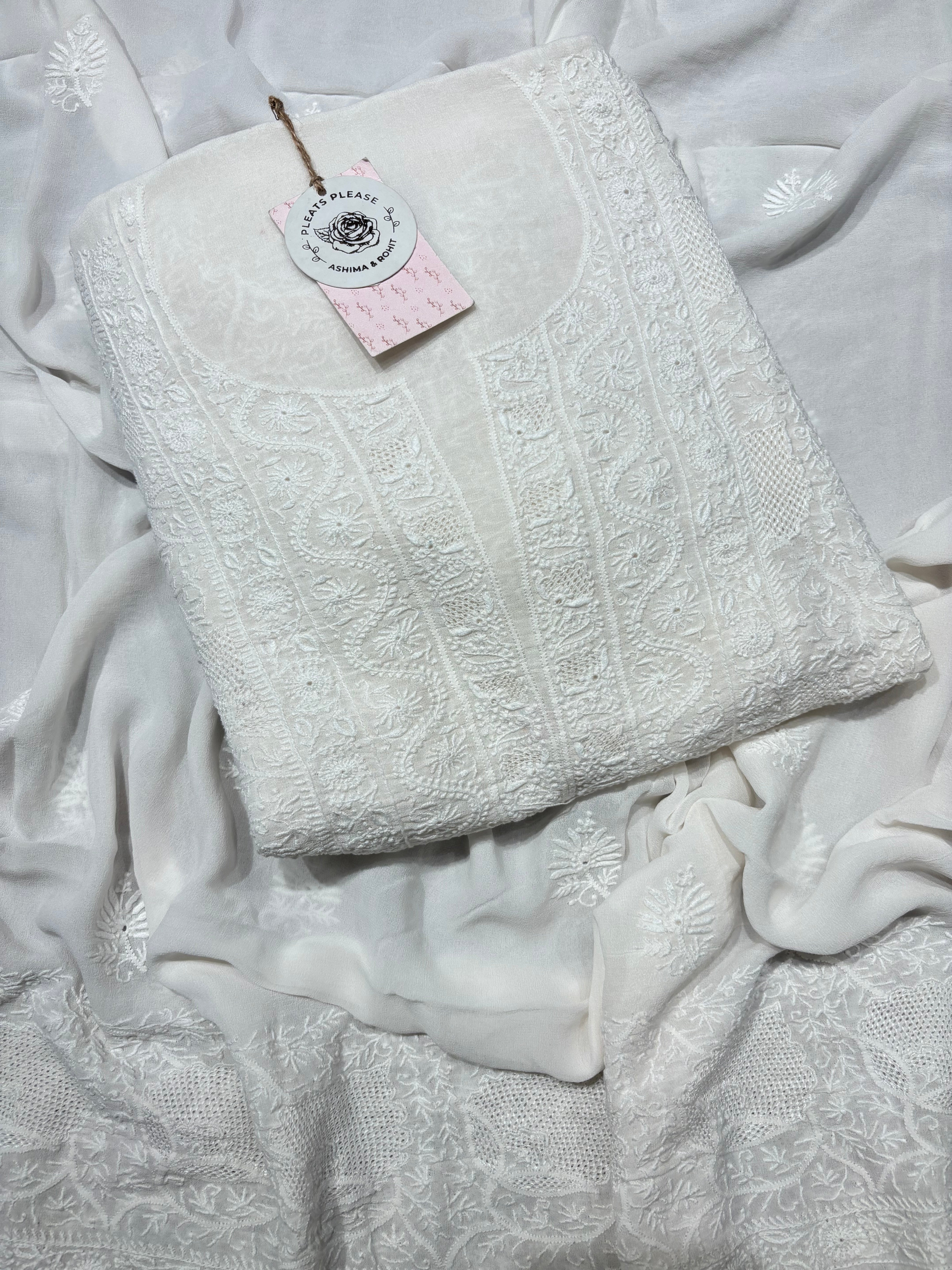 Dyeable Pure & Premium Georgette Chikankari Front & Back Kurta & Dupatta Fabric