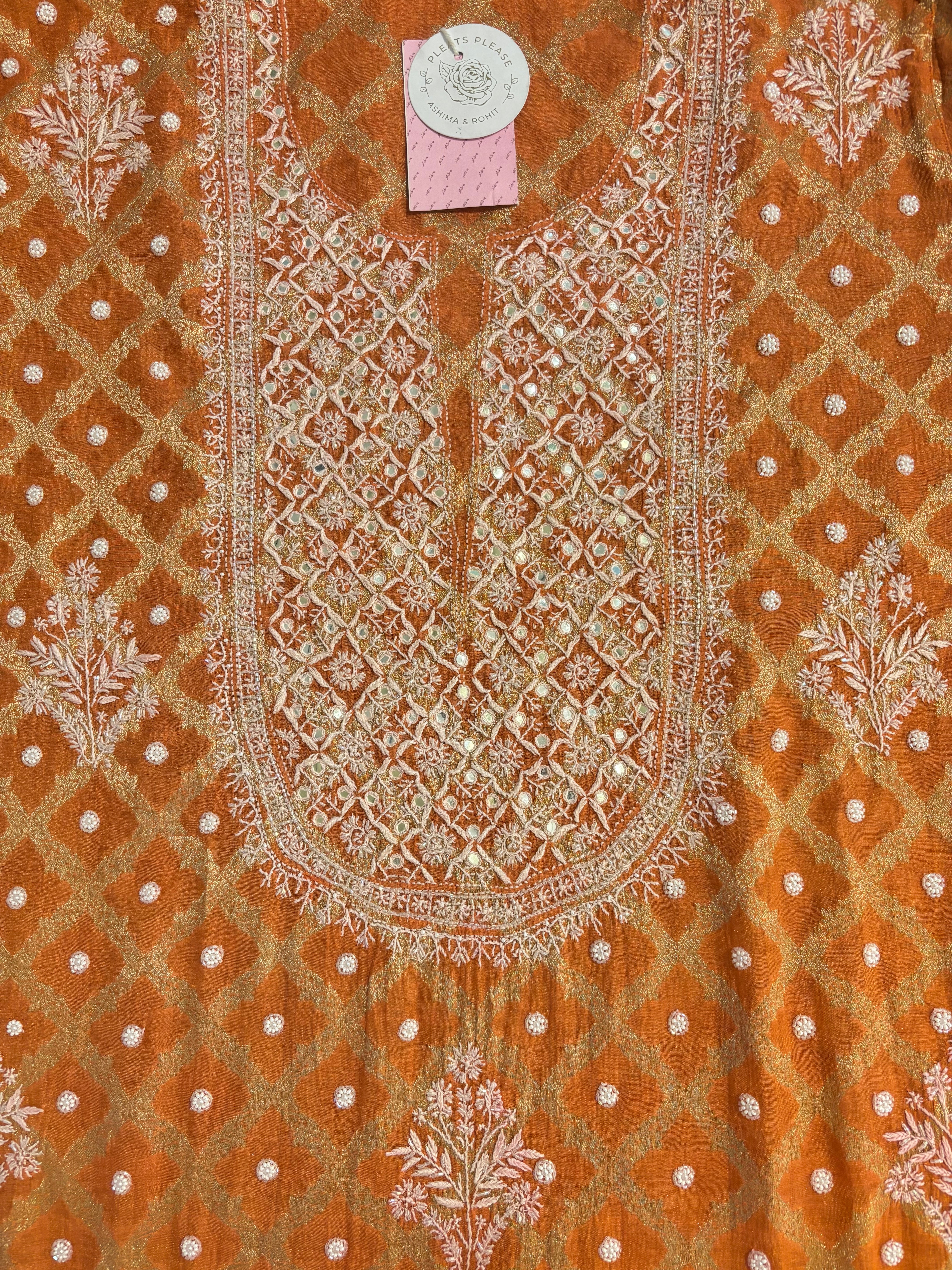Burnt Orange Pure Tissue With Banarasi Silk Chikankari Kurta & Dupatta