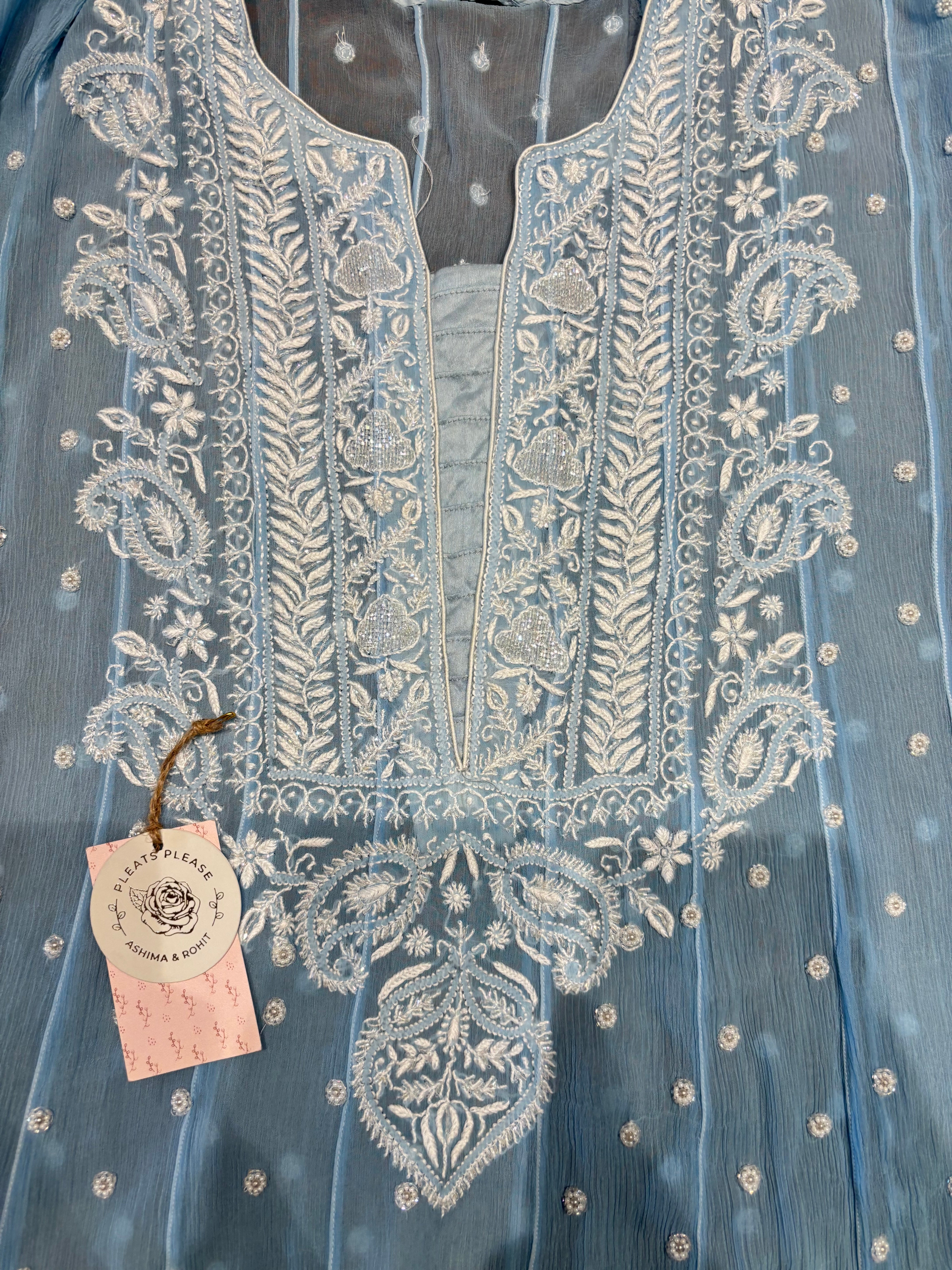 Powder Blue Chiffon Chikankari Anarkali & Dupatta