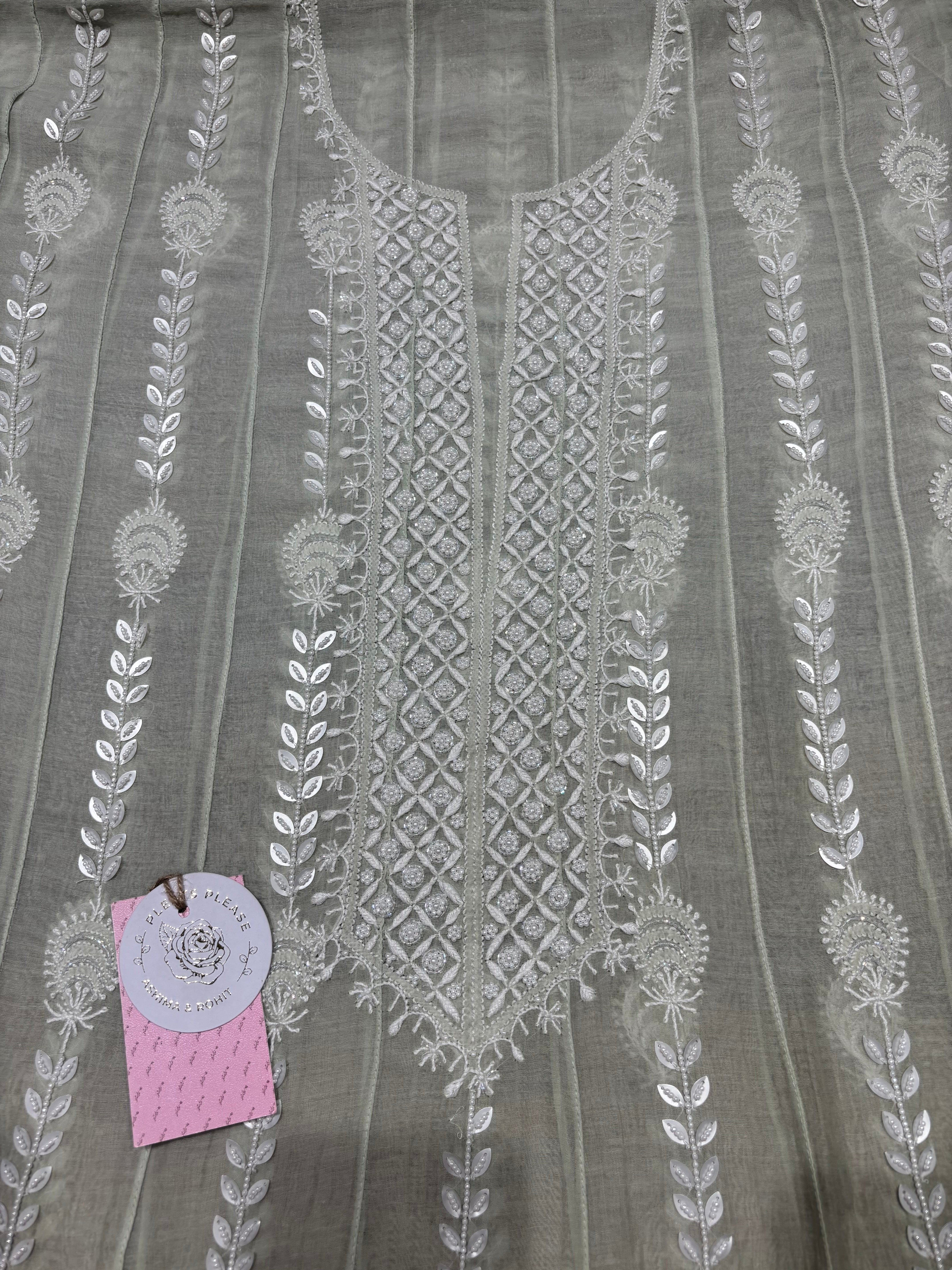 Sage Green Ombre Chanderi Mul Chikankari Anarkali & Dupatta Set