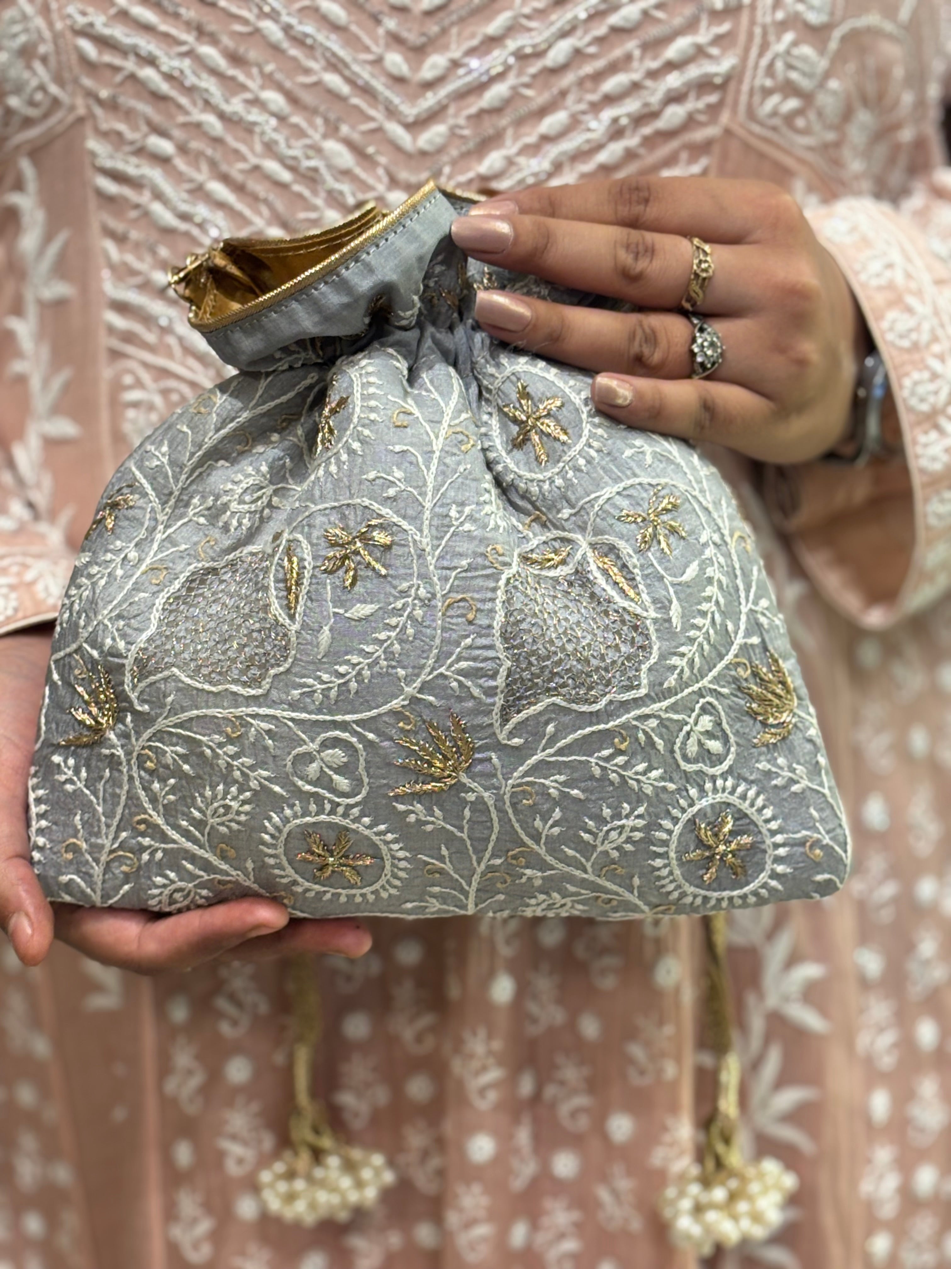 Ice Blue Silk Chikankari Potli