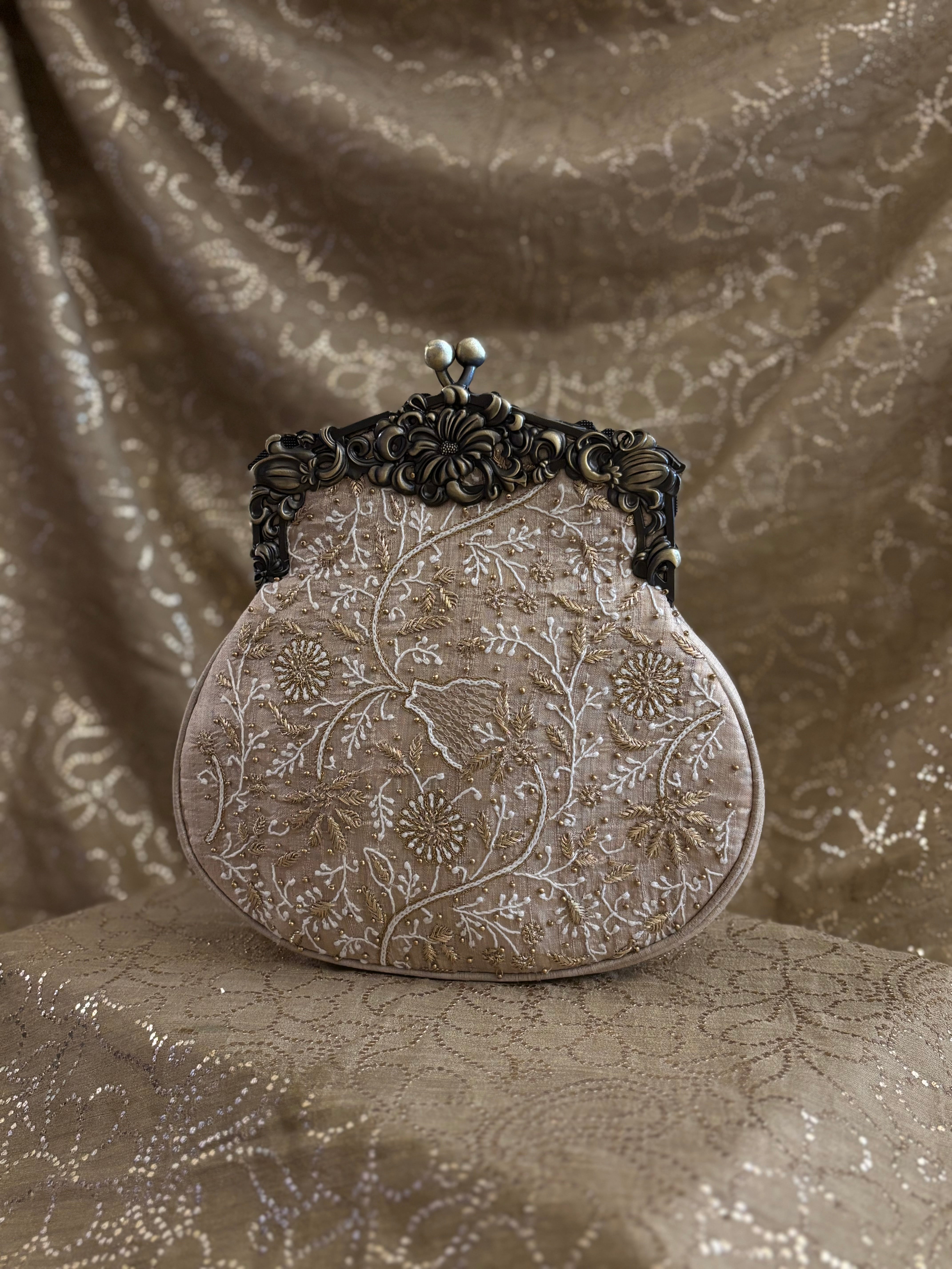 Beige Chikankari Clutch Bag