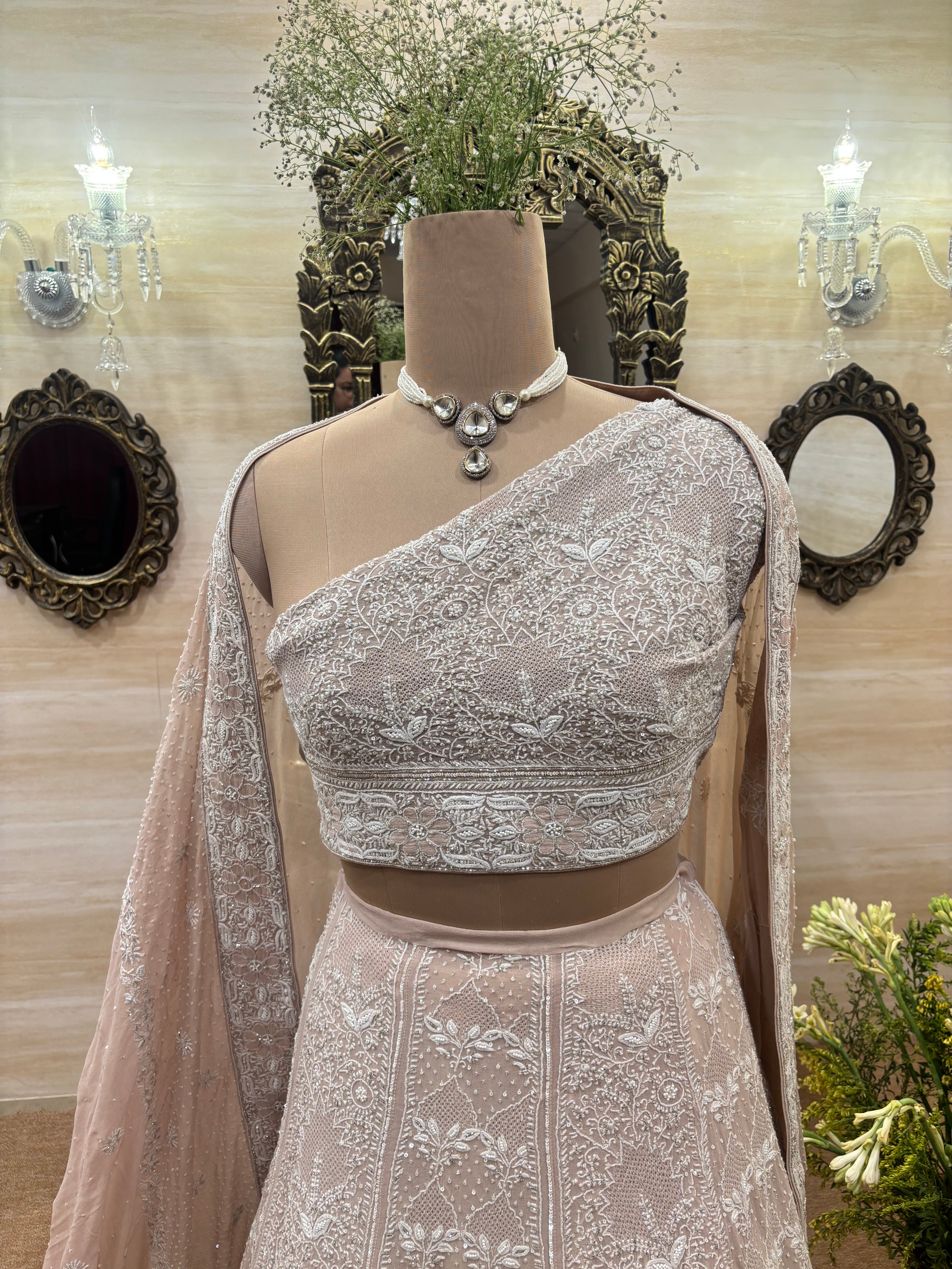 Nude Peach Pure & Premium Georgette Chikankari Lehenga Set
