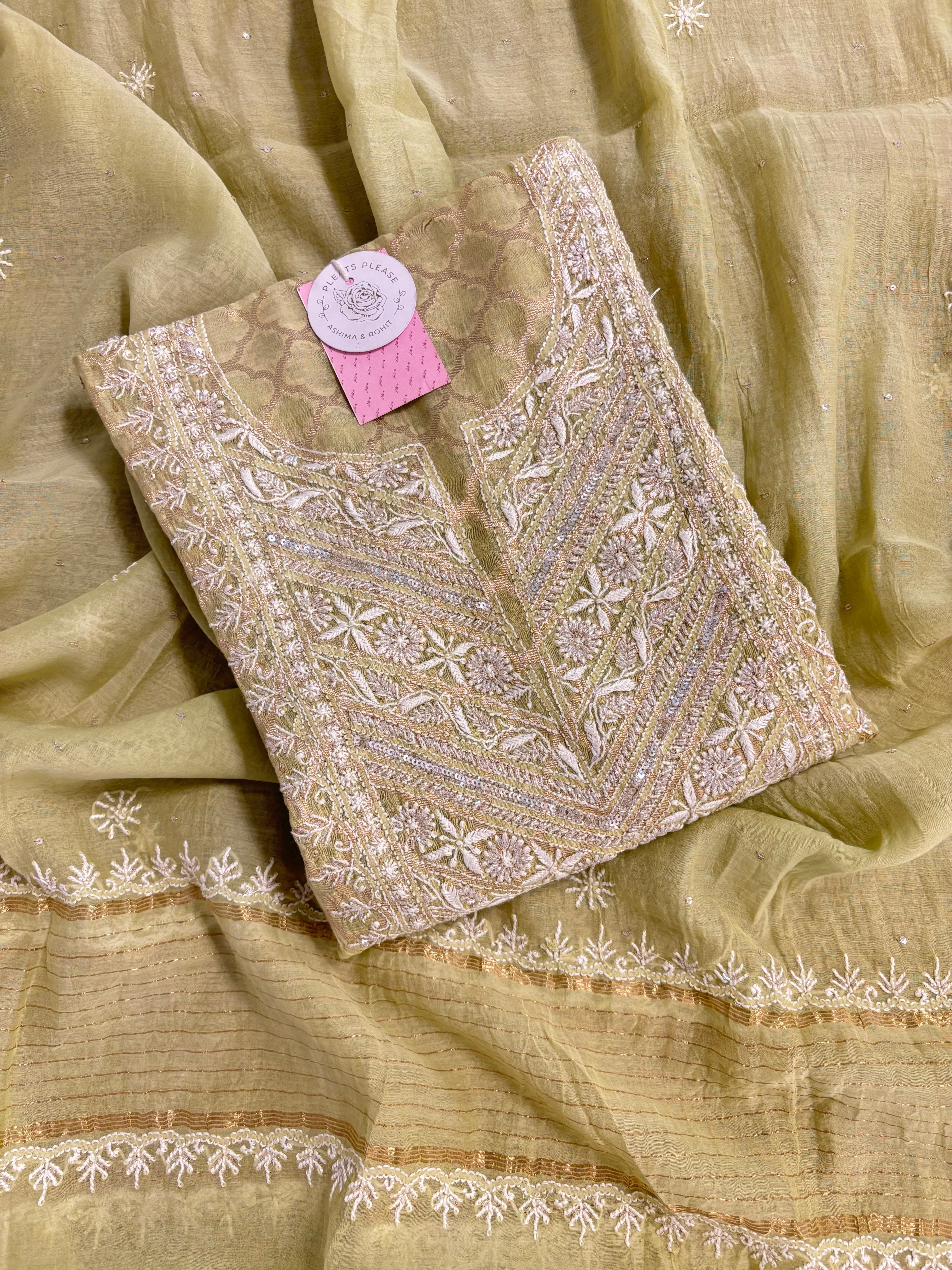 Pista Green Chanderi Silk Chikankari Kurta & Dupatta
