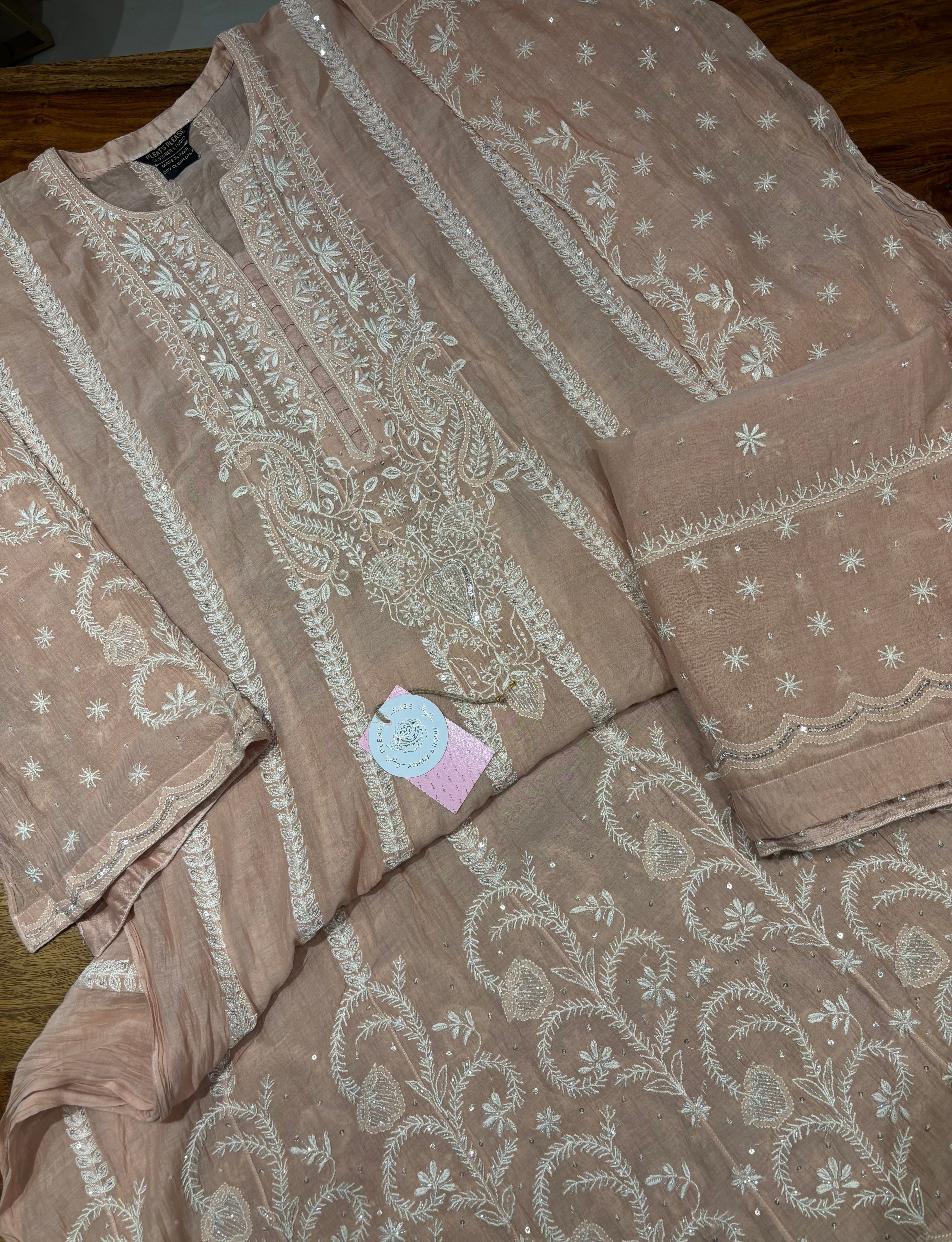 Peach Chanderi Mul Chikankari Anarkali & Dupatta Set