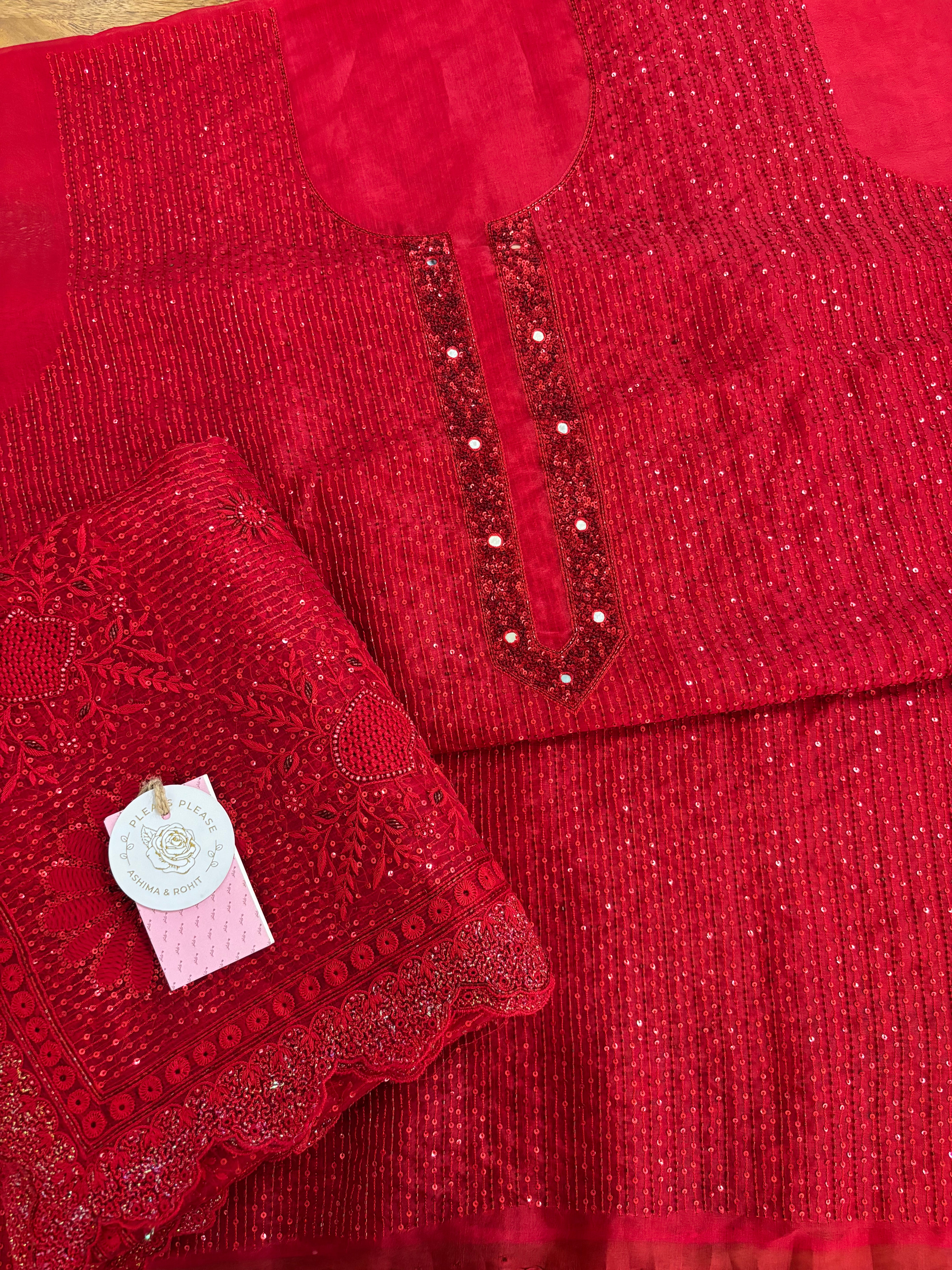 Red Pure & Premium Organza Chikankari Kurta & Dupatta