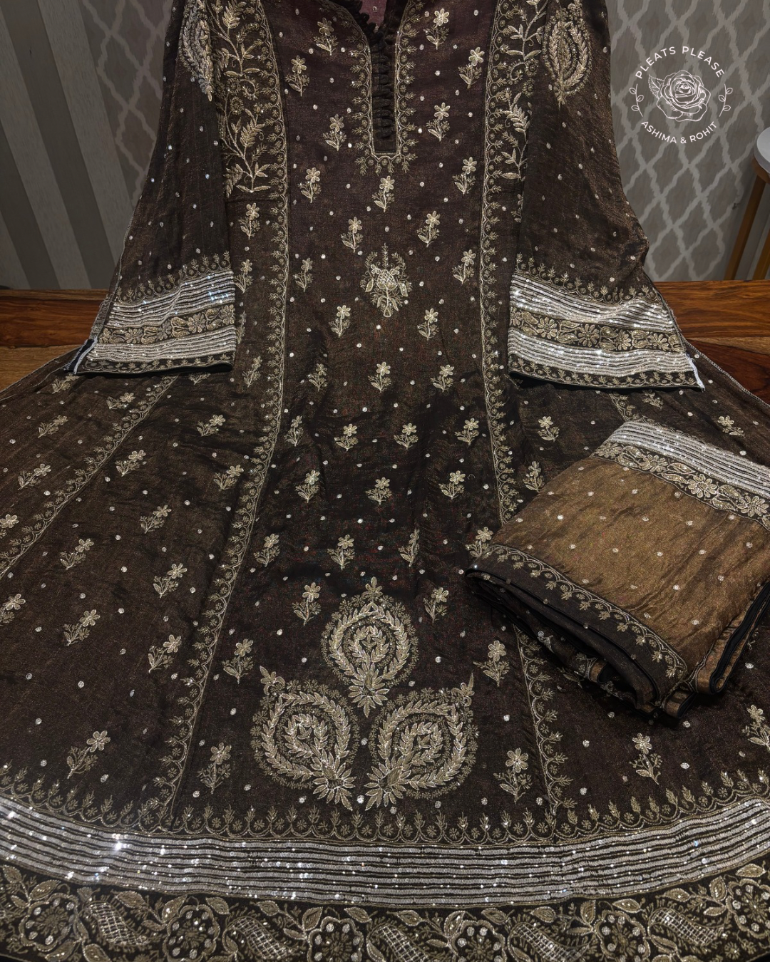 Black Pure Tissue Chikankari Anarkali And Dupatta