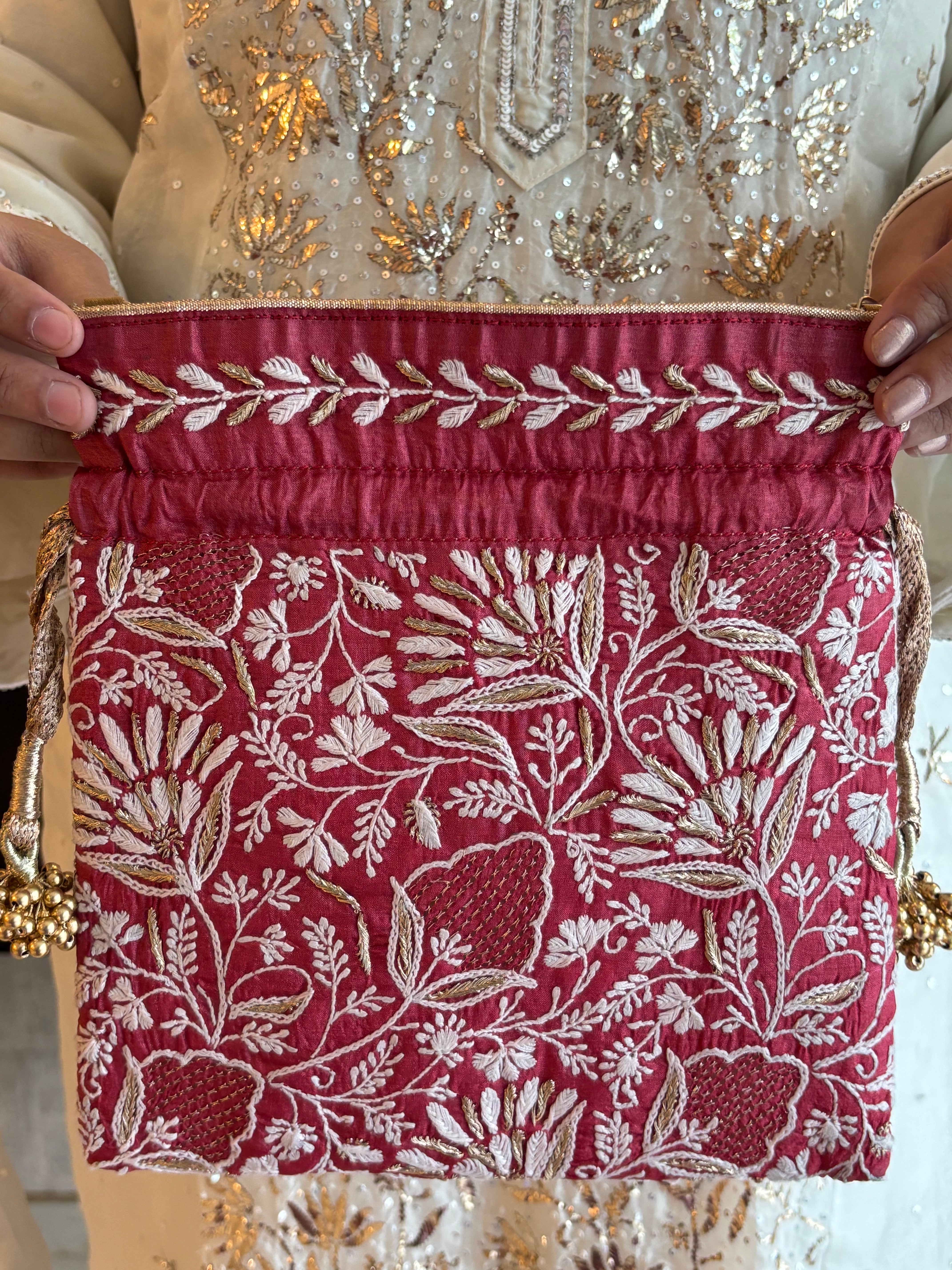 Deep Red Silk Chikankari Potli