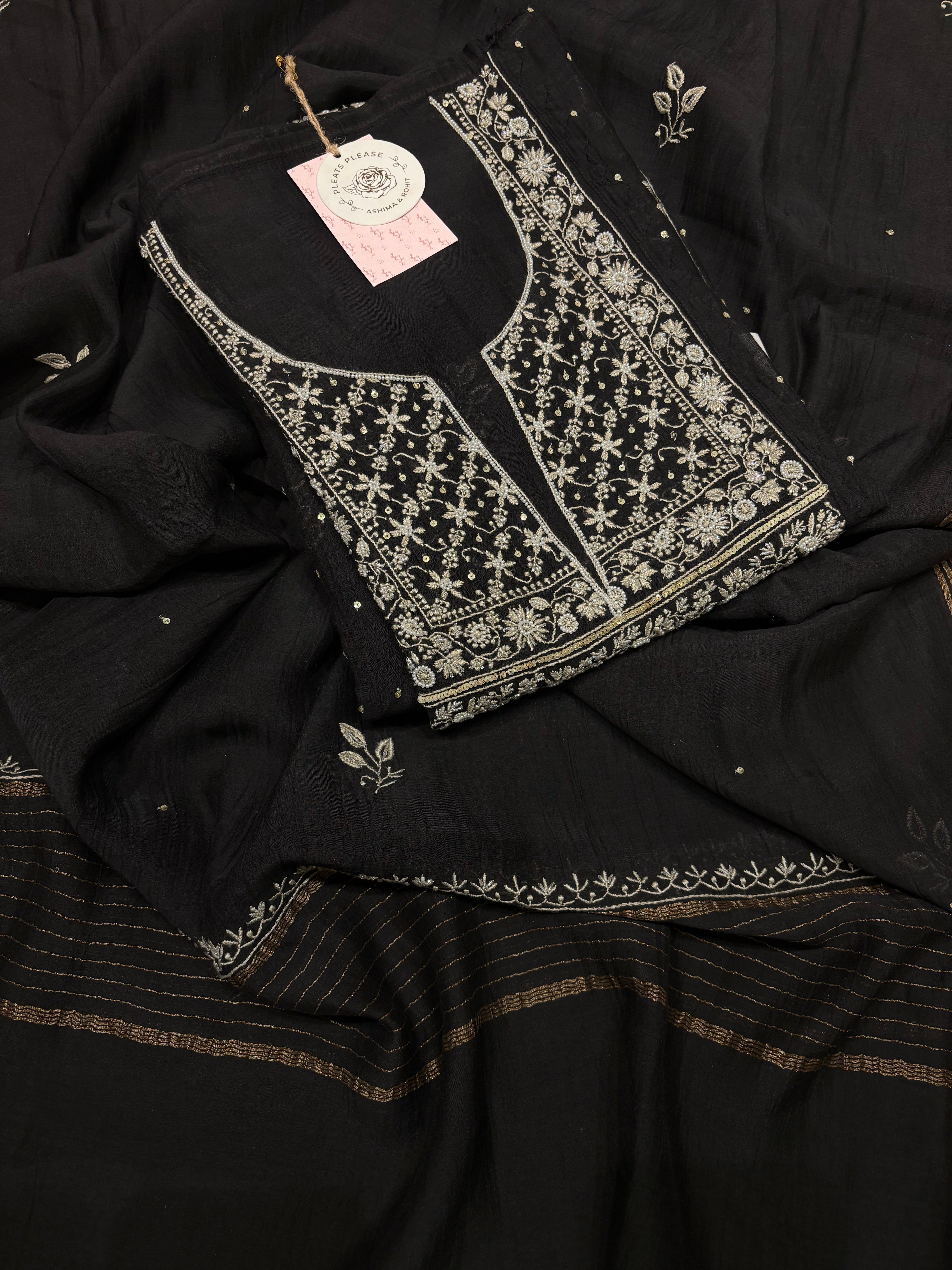Black Chanderi Mul Chikankari Kurta and Dupatta set