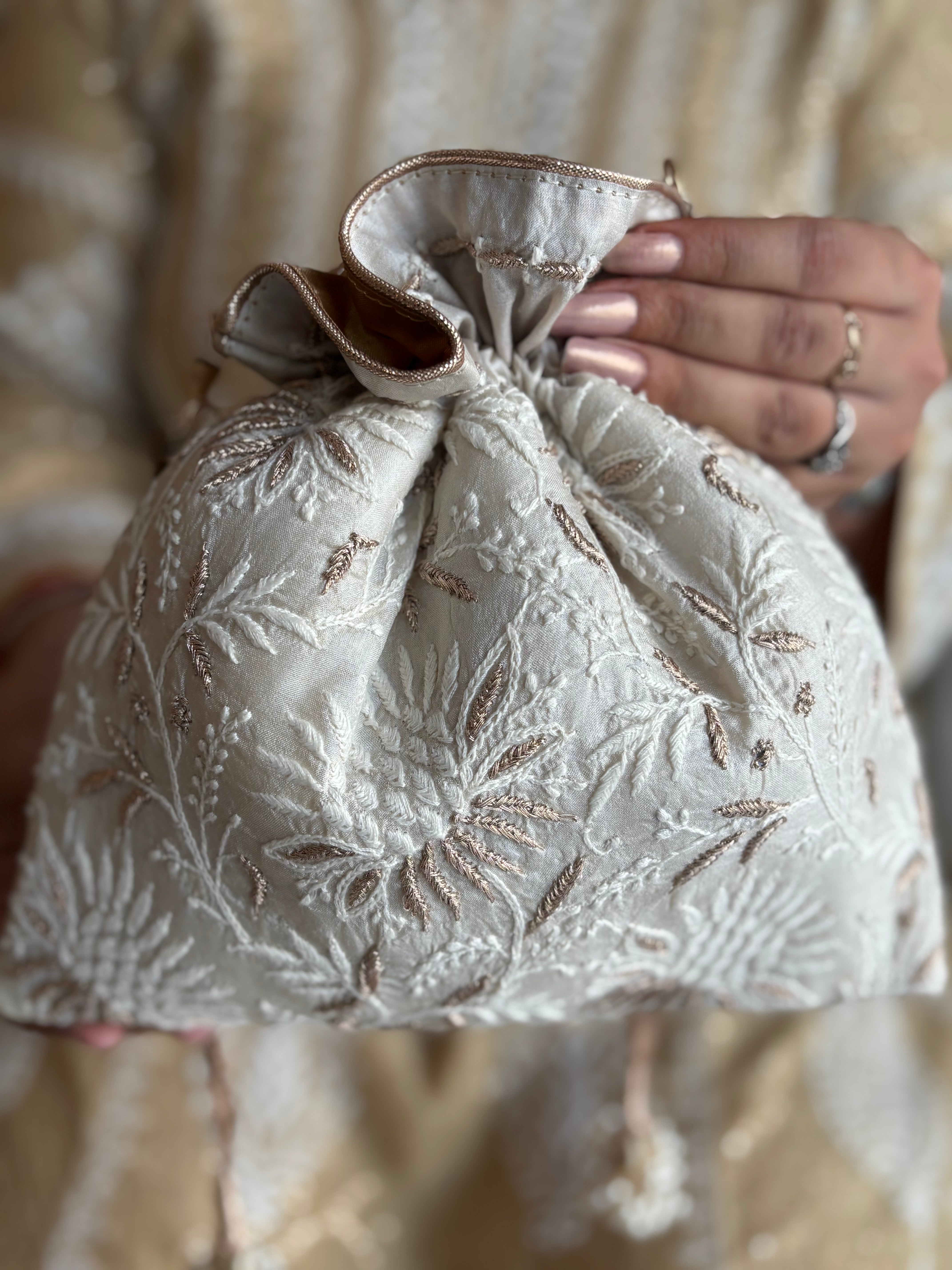 Ivory Silk Chikankari Potli