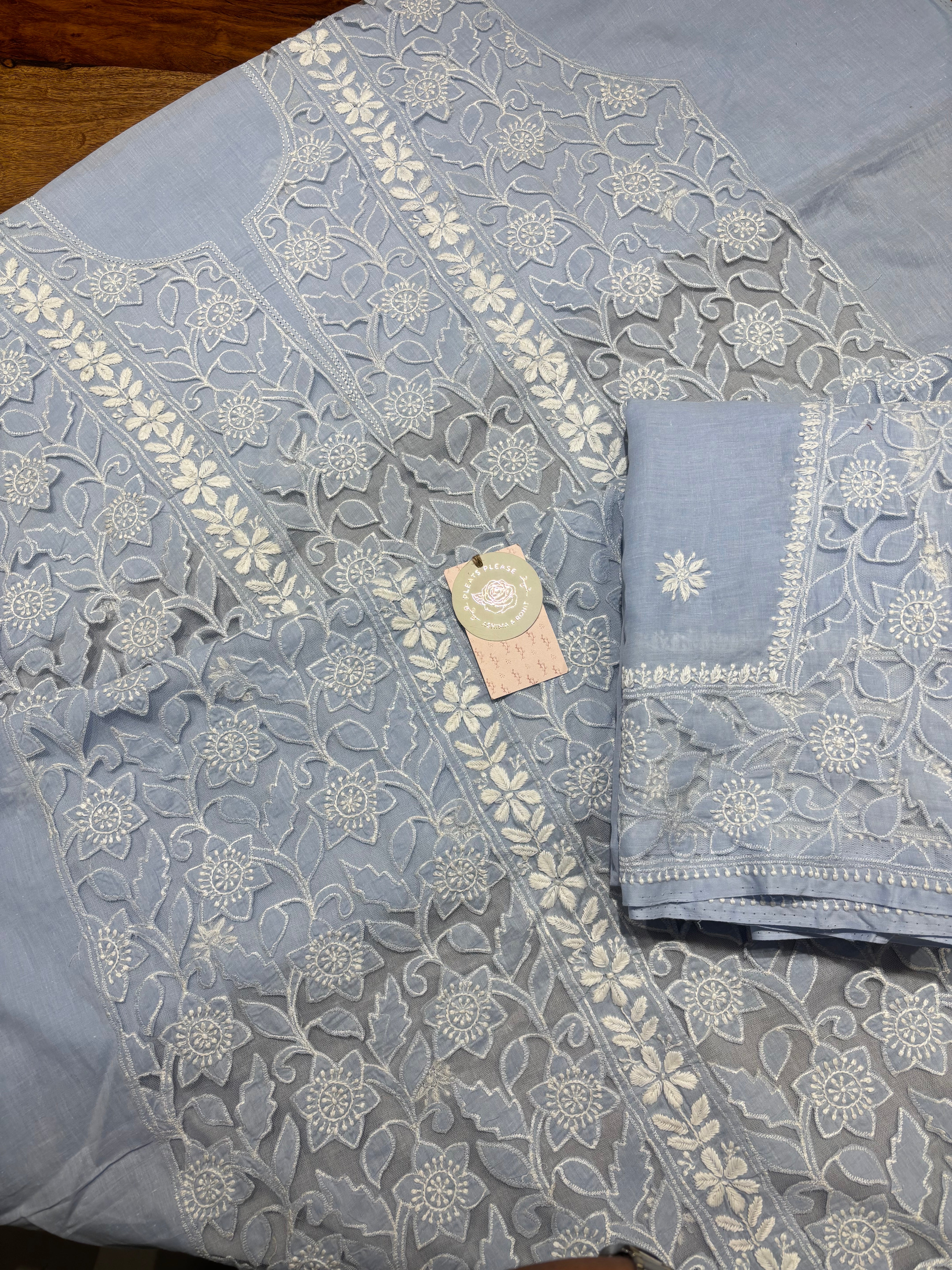 Powder Blue Mulmul Soft Net Chikankari Applique Kurta And Dupatta Fabric