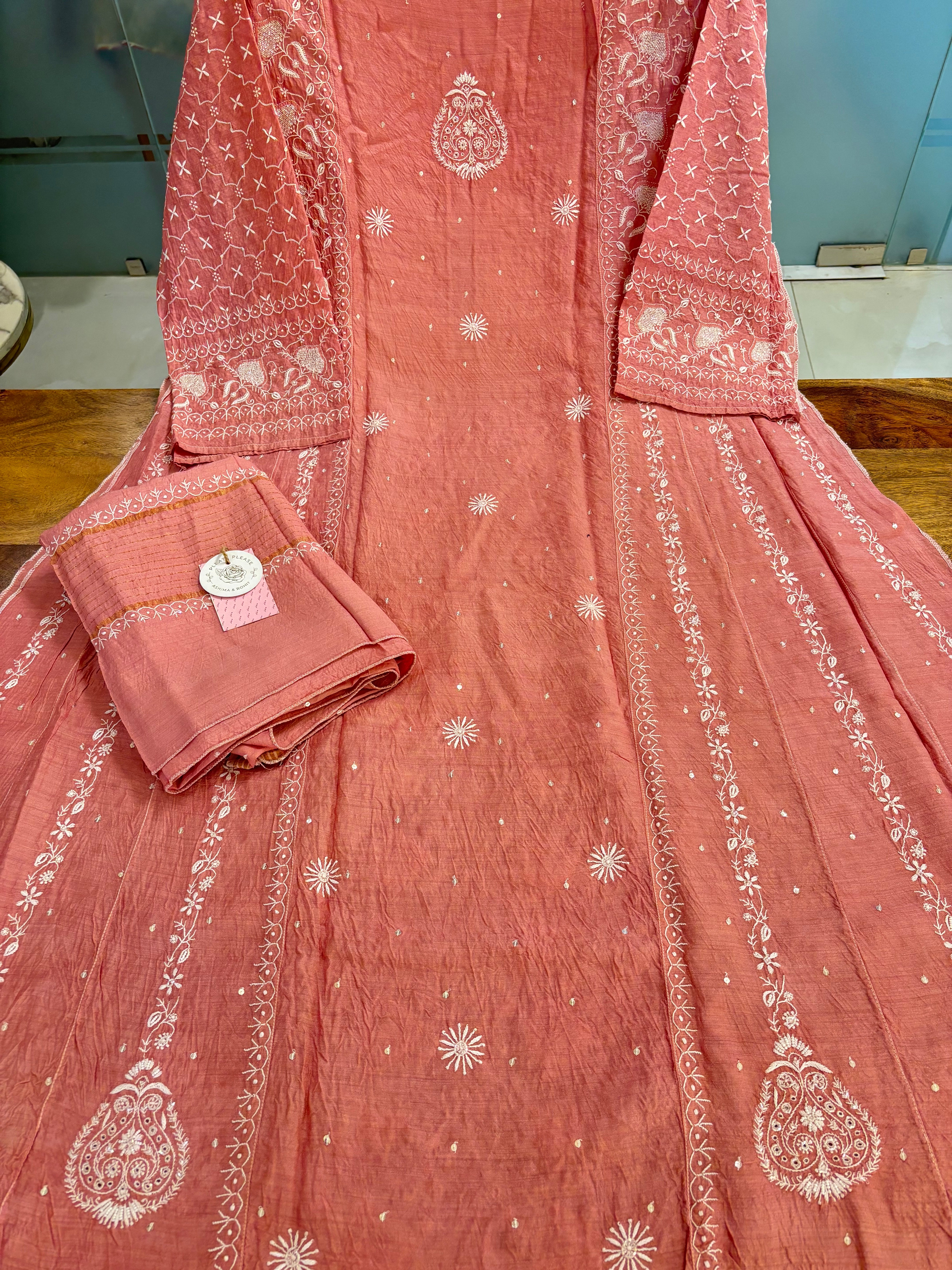 Peach Monga Silk Chikankari Anarkali & Dupatta Set