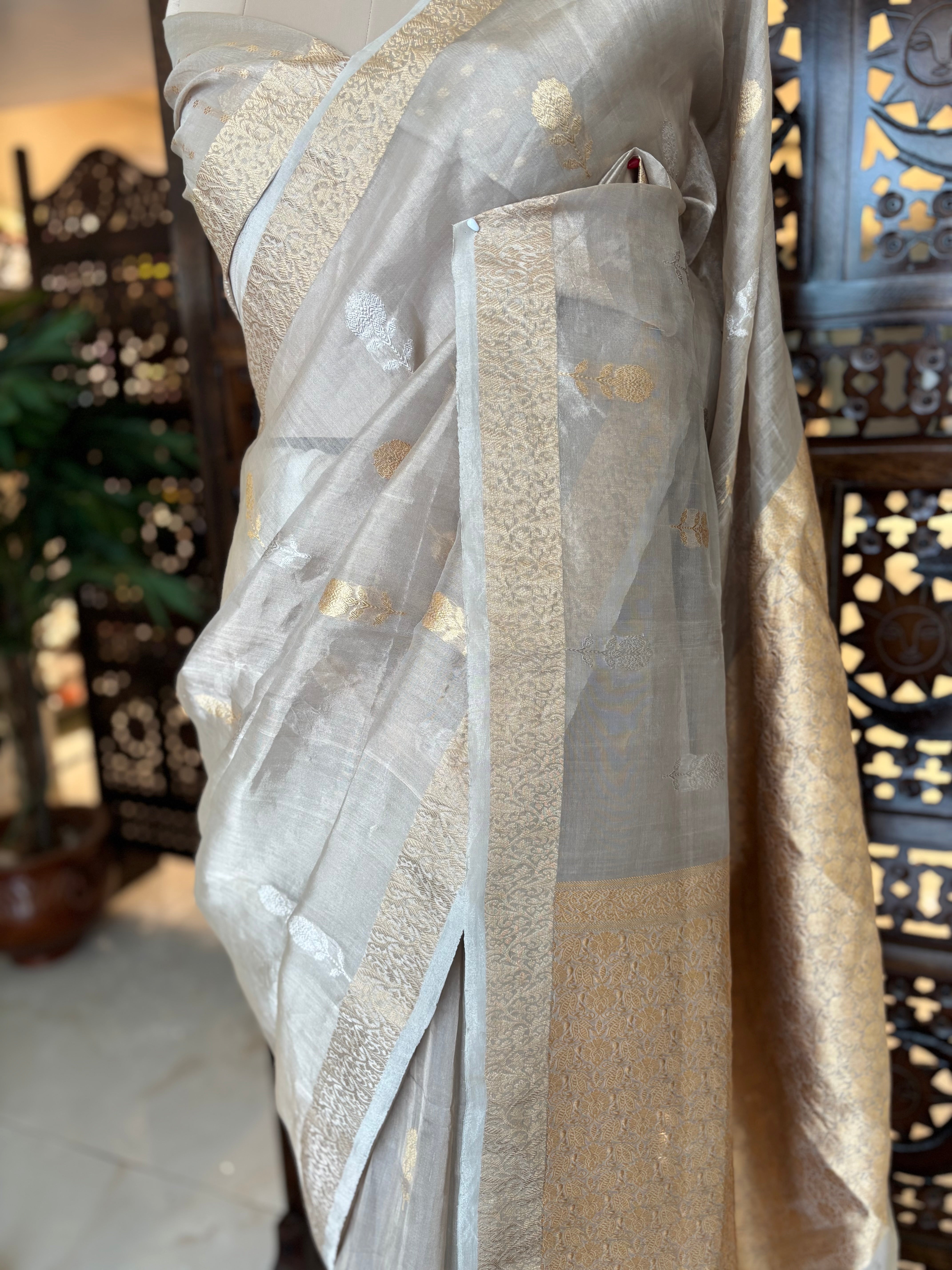 Golden Tissue Organza Banarsi Saree and Blouse - Pleats PleaseChikankari