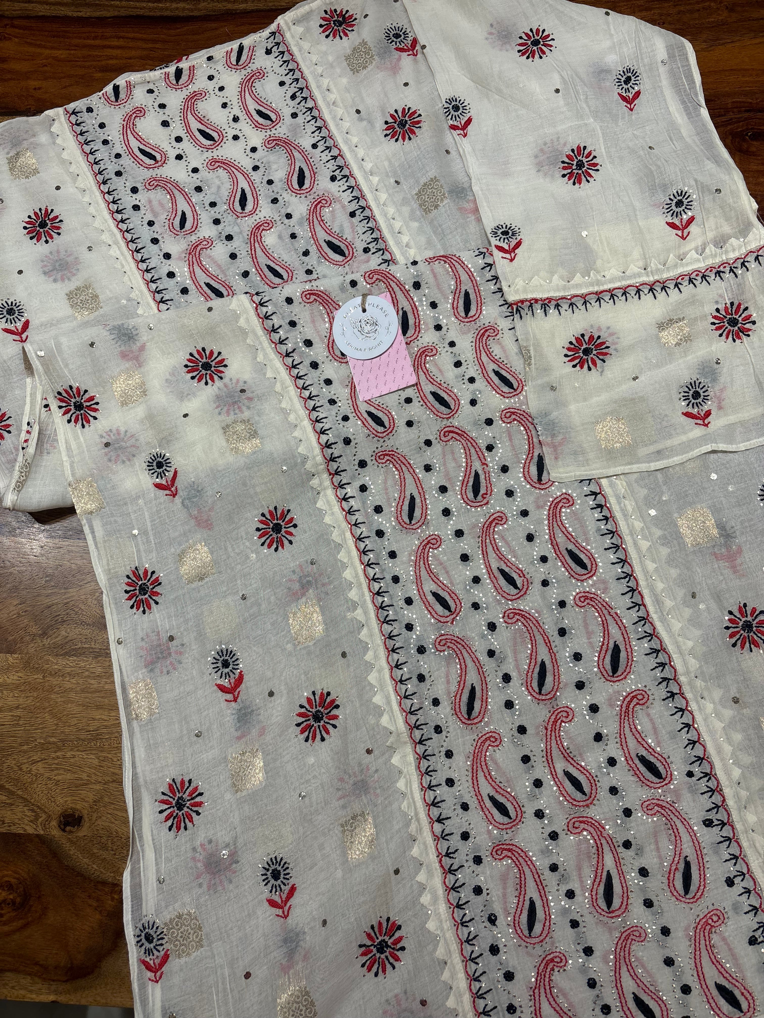 Dyeable Chanderi Mul Chikankari & Mukaish Kurta & Dupatta Set