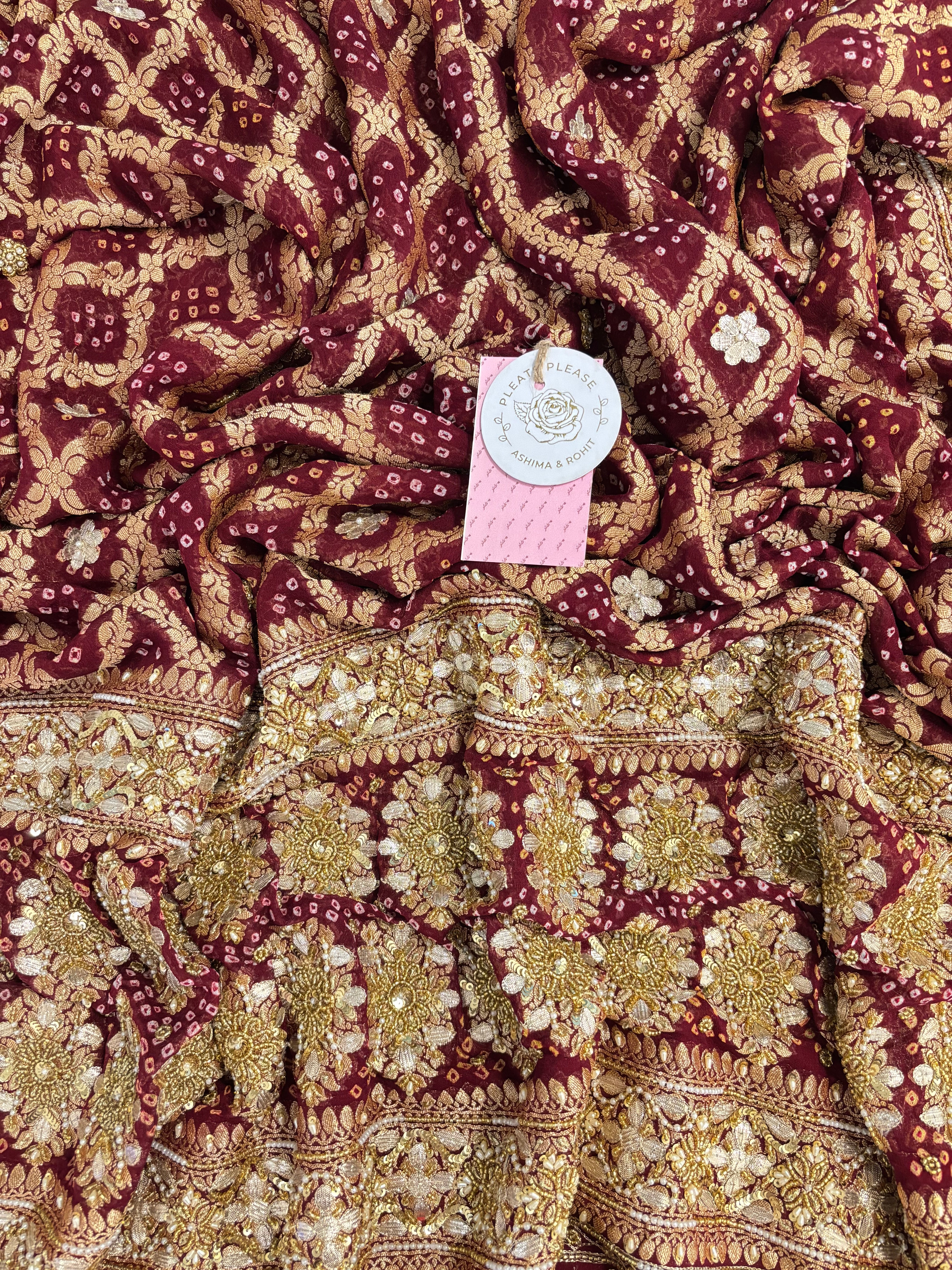 Maroon Pure Georgette Gota Patti Bandhej Zardozi Dupatta