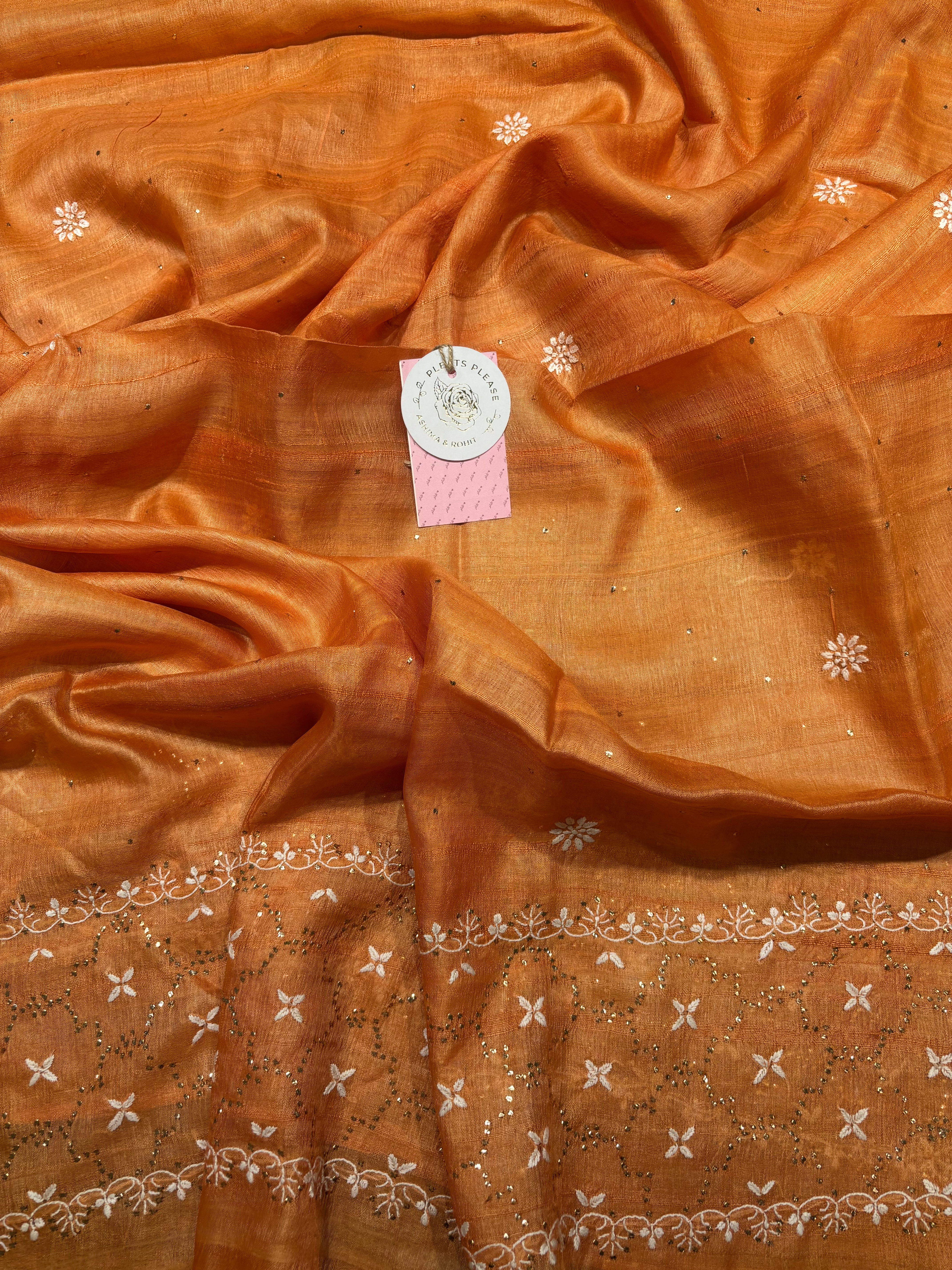 Orange Pure And Premium Tussar Silk Chikankari & Mukaish Anarkali and Dupatta Set