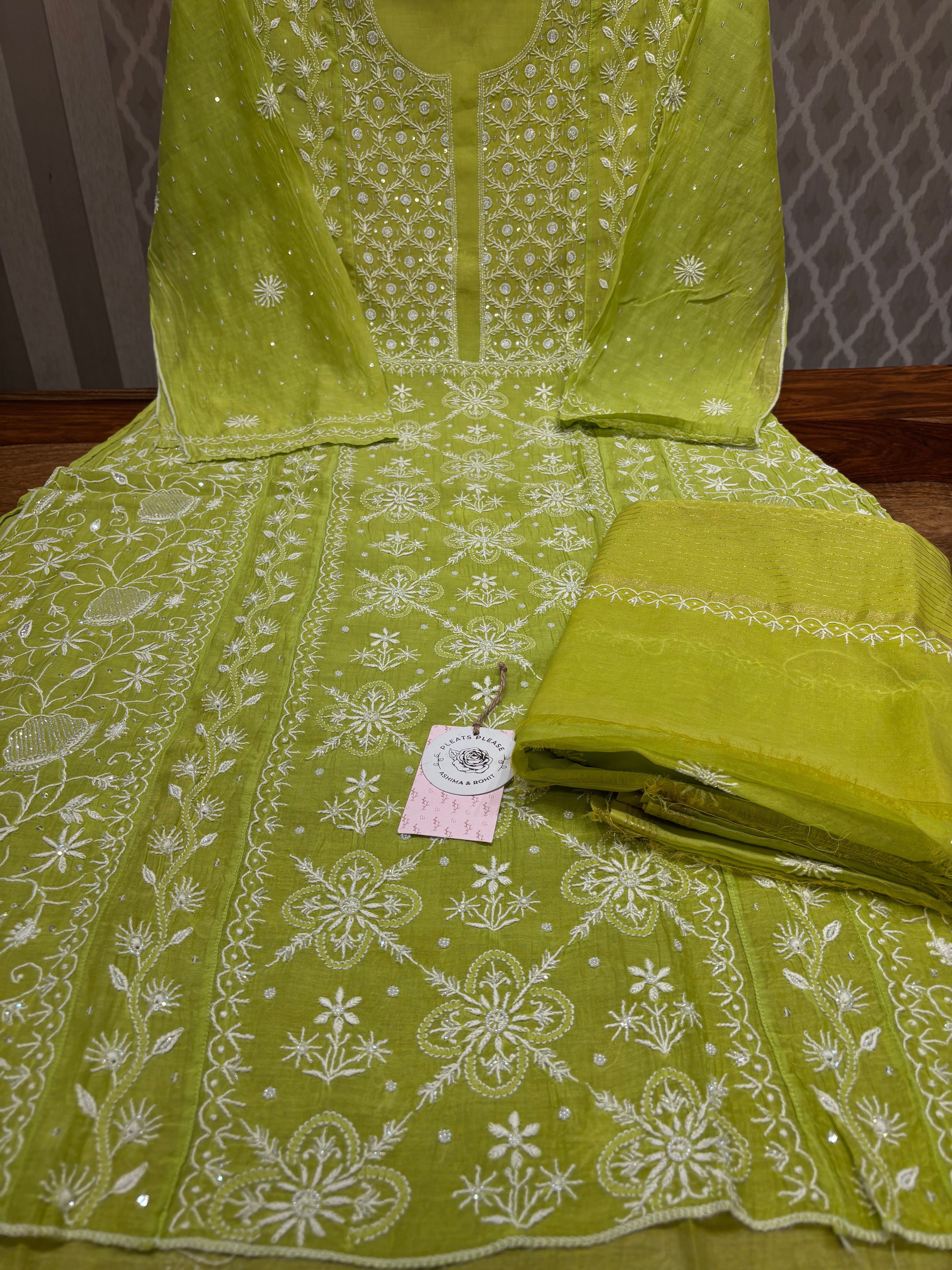Green Apple Mist Chanderi Mul Chikankari Anarkali And Dupatta Set