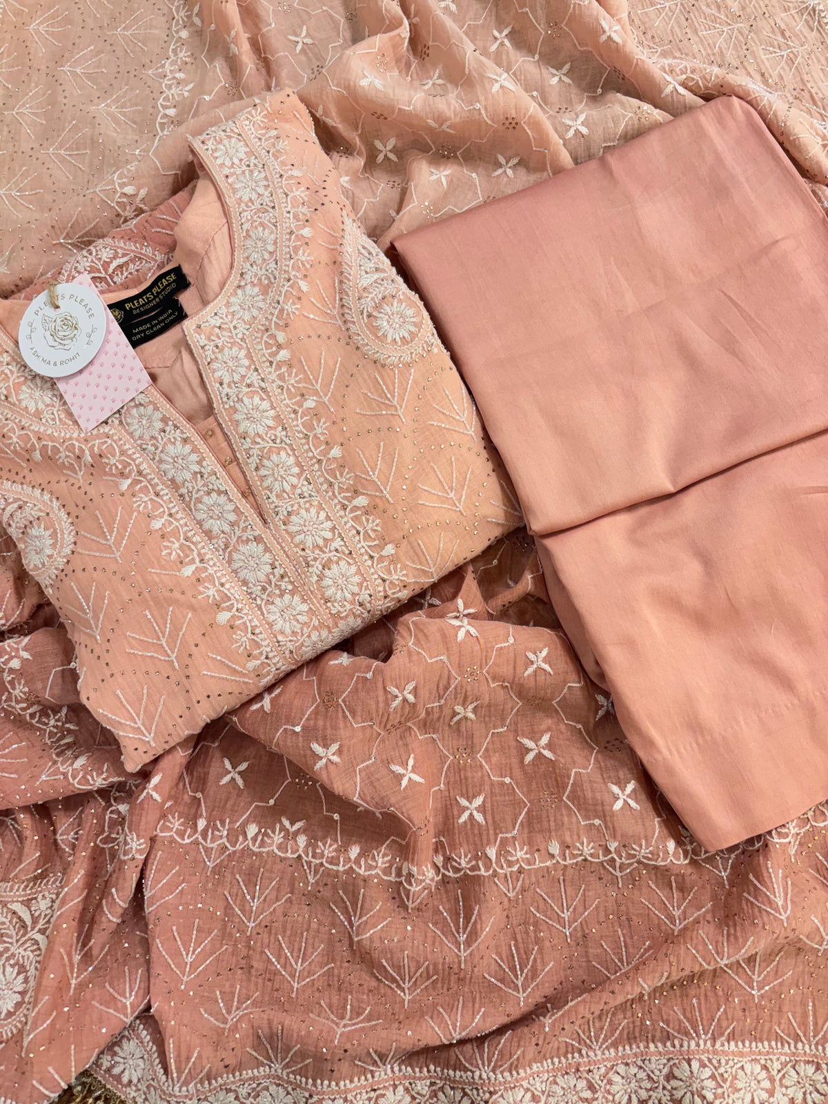 Peach Ombré Chanderi Mul Chikankari Mukaish Kurta, Dupatta & Bottom