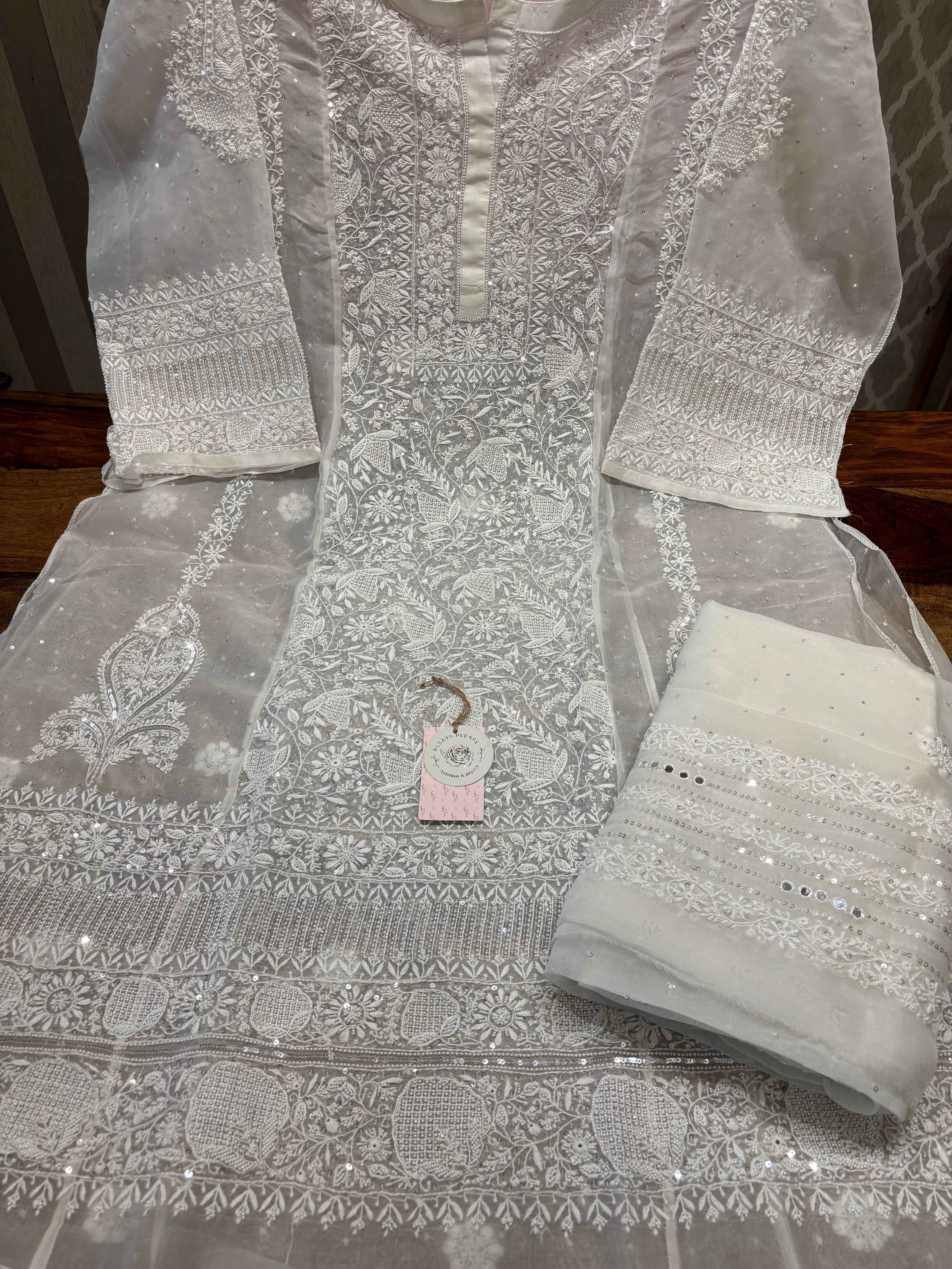 Dyeable Pure and Premium Organza Aline Anarkali and Dupatta - Pleats PleaseChikankari