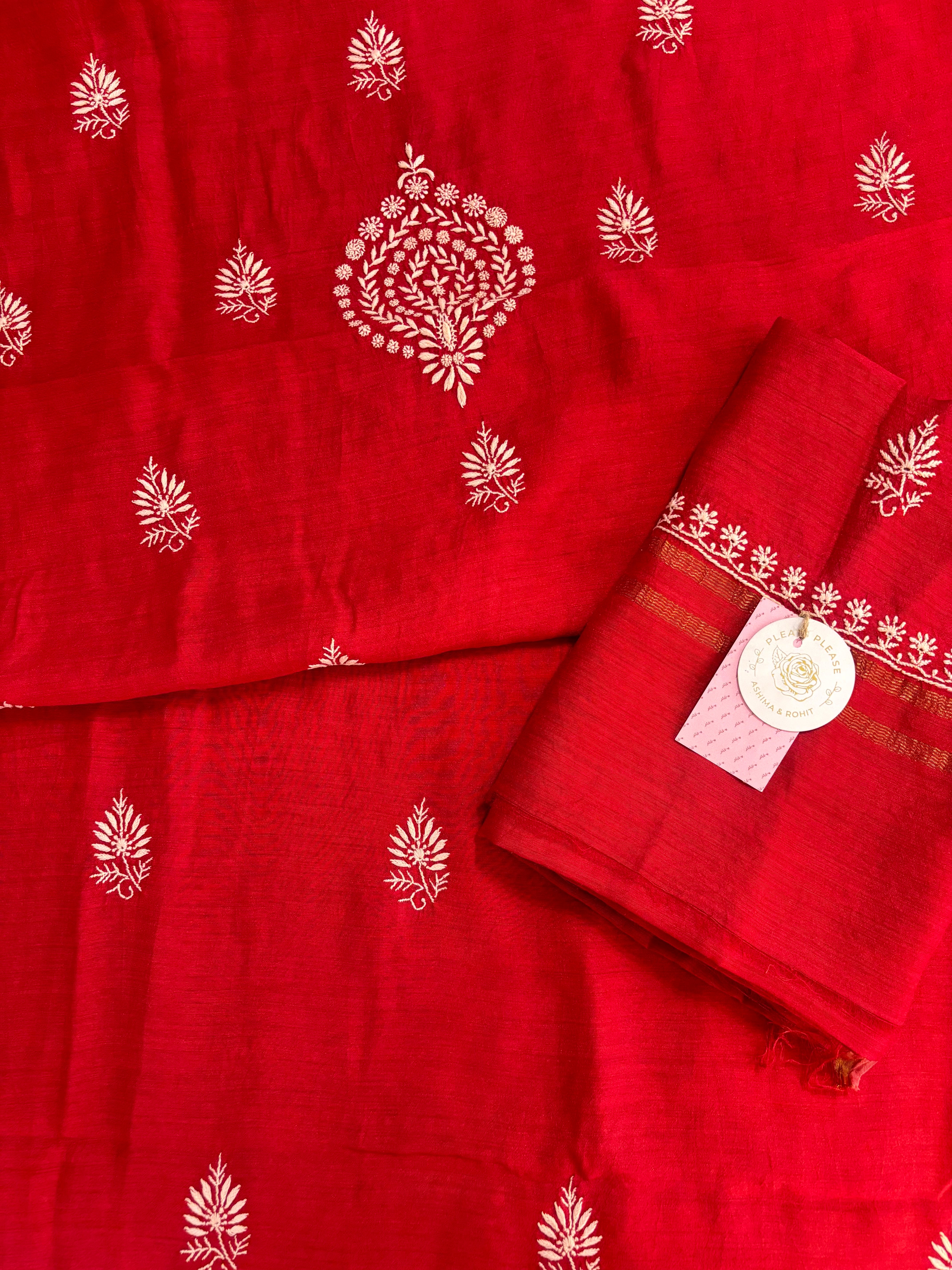 Red Monga Silk Chikankari Kurta & Dupatta
