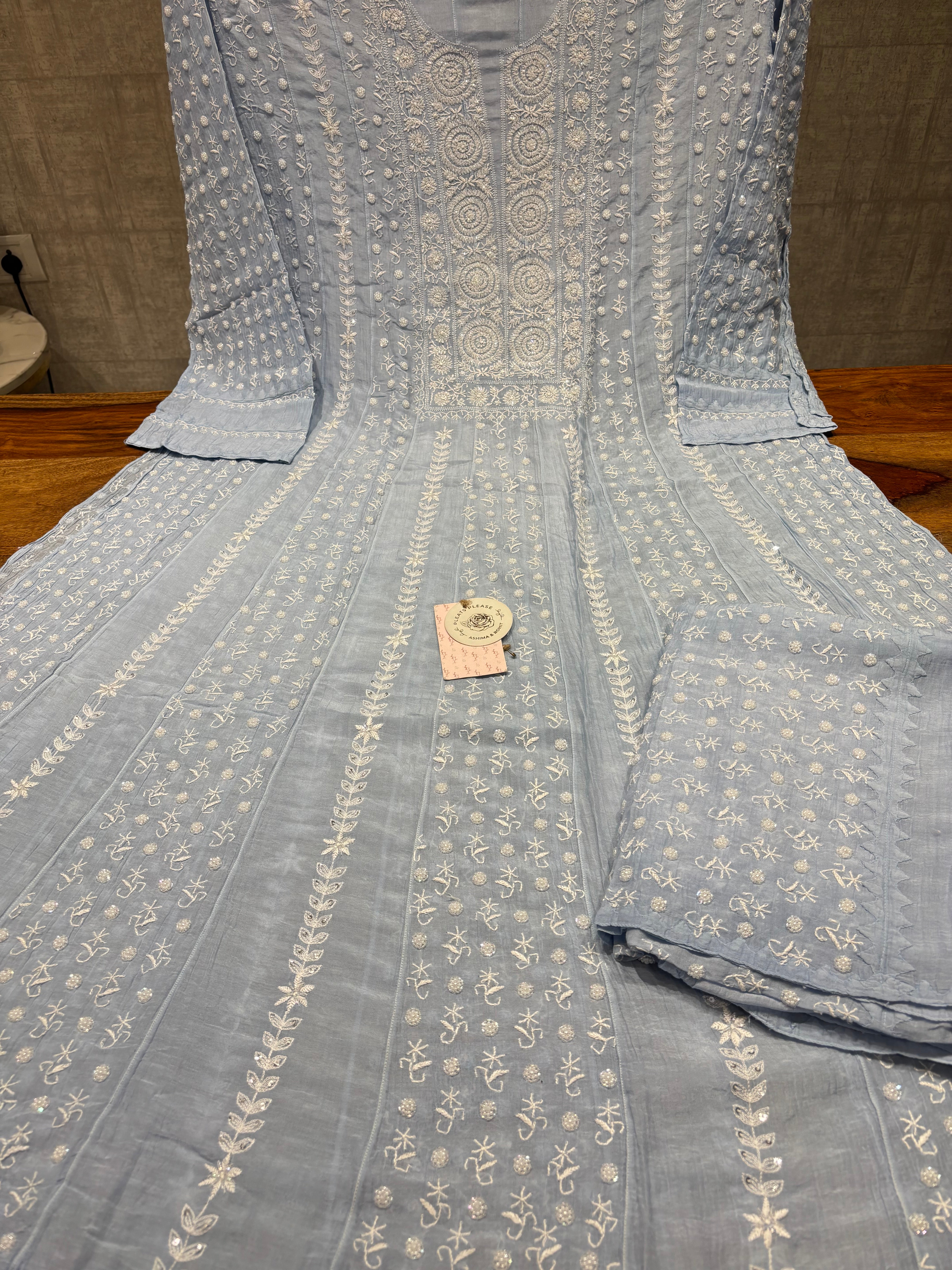 Powder Blue Chanderi Mul Chikankari Anarkali & Dupatta Set