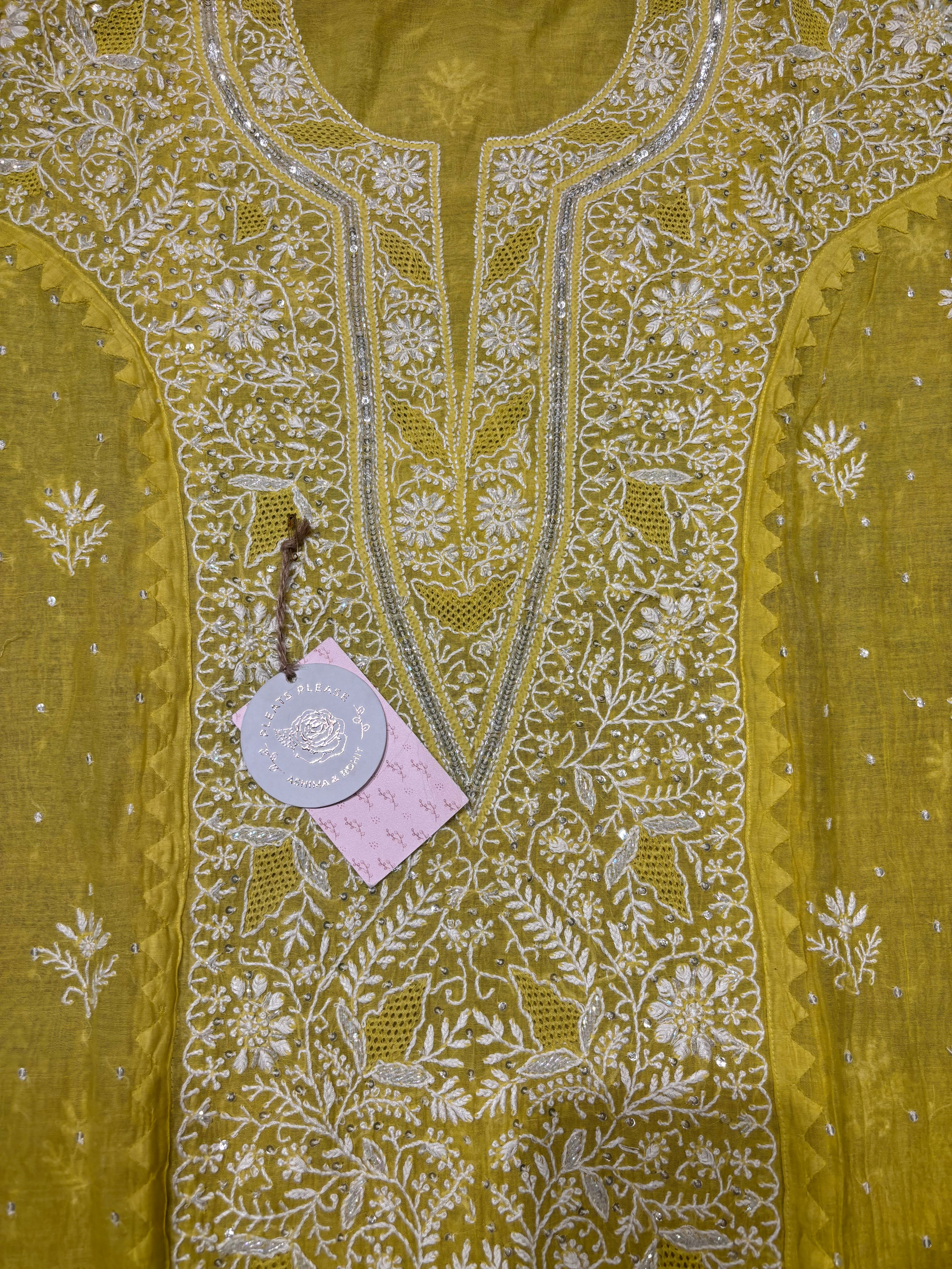 Lime Yellow Chanderi Mul Chikankari Kurta and Dupatta set