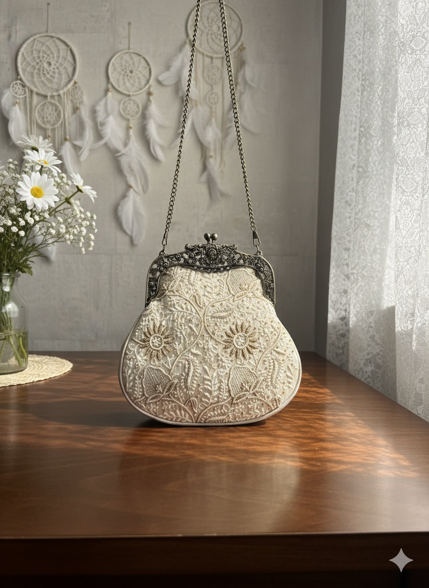 Ivory Chikankari Clutch Bag