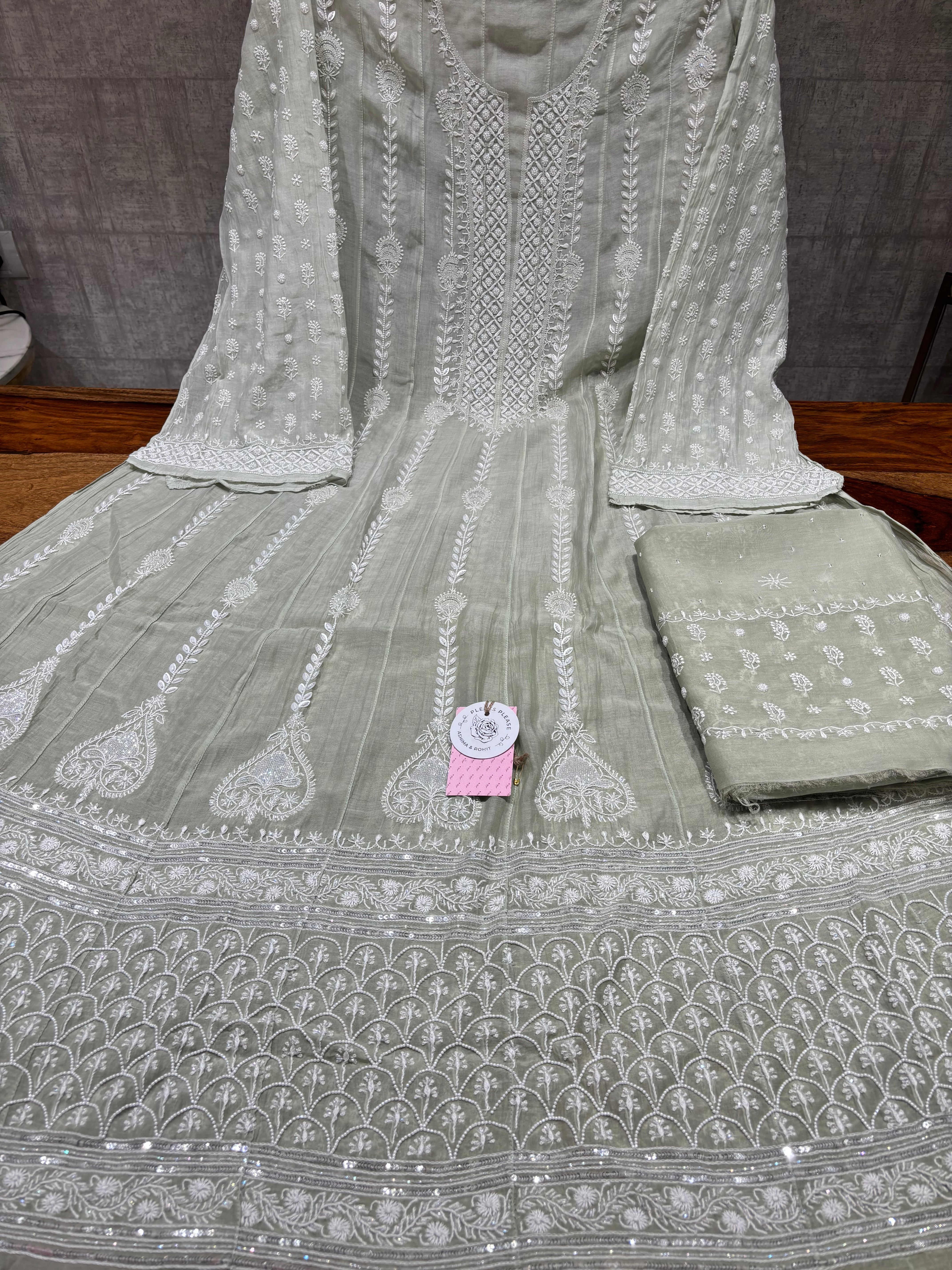 Sage Green Ombre Chanderi Mul Chikankari Anarkali & Dupatta Set