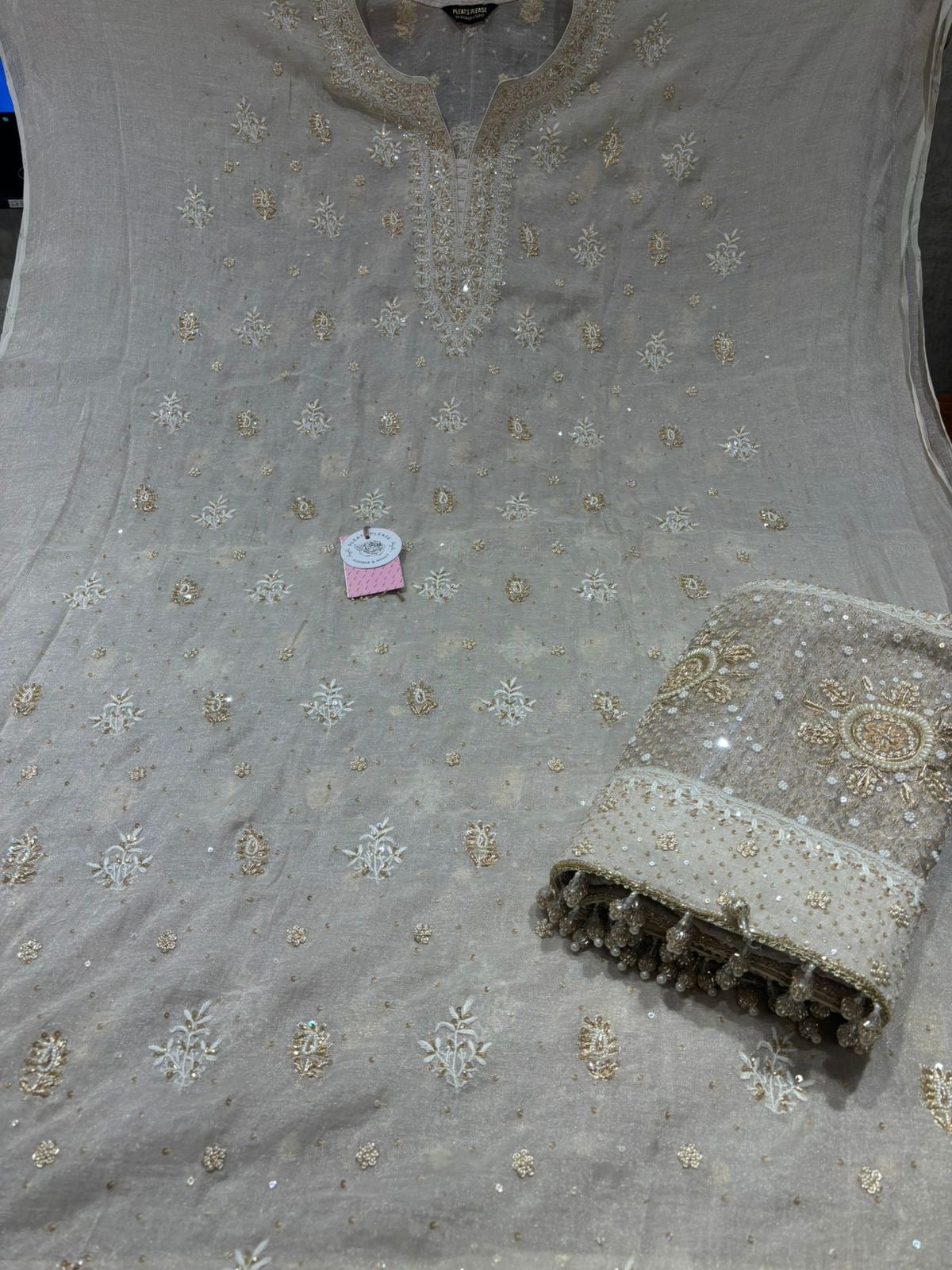 Dyeable Pure & Premium Silver Tissue Chikankari Kurta & Dupatta Set - Pleats PleaseChikankari