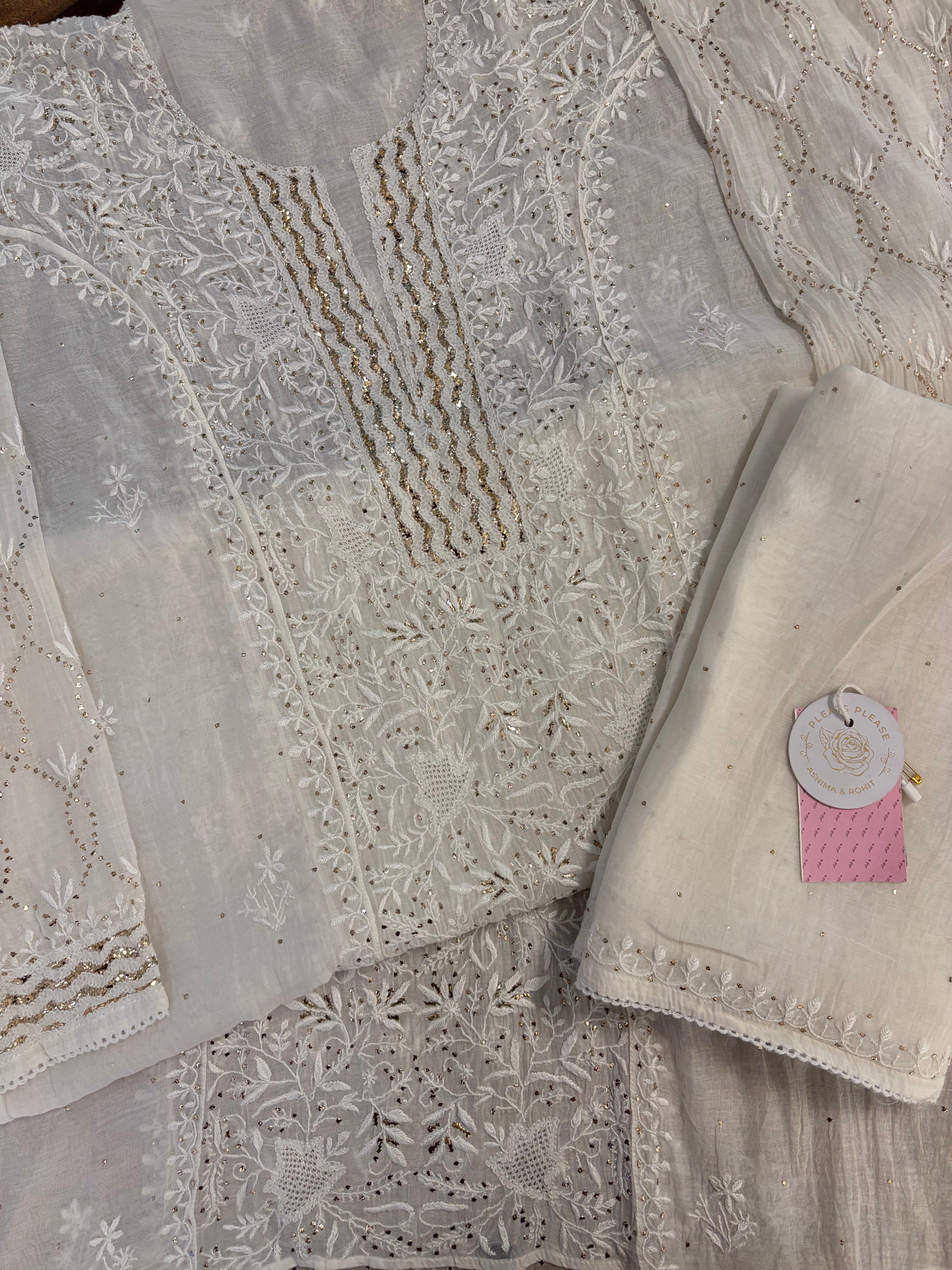 Dyeable Chanderi Chikankari Mukaish Kurta & Dupatta - Pleats PleaseChikankari