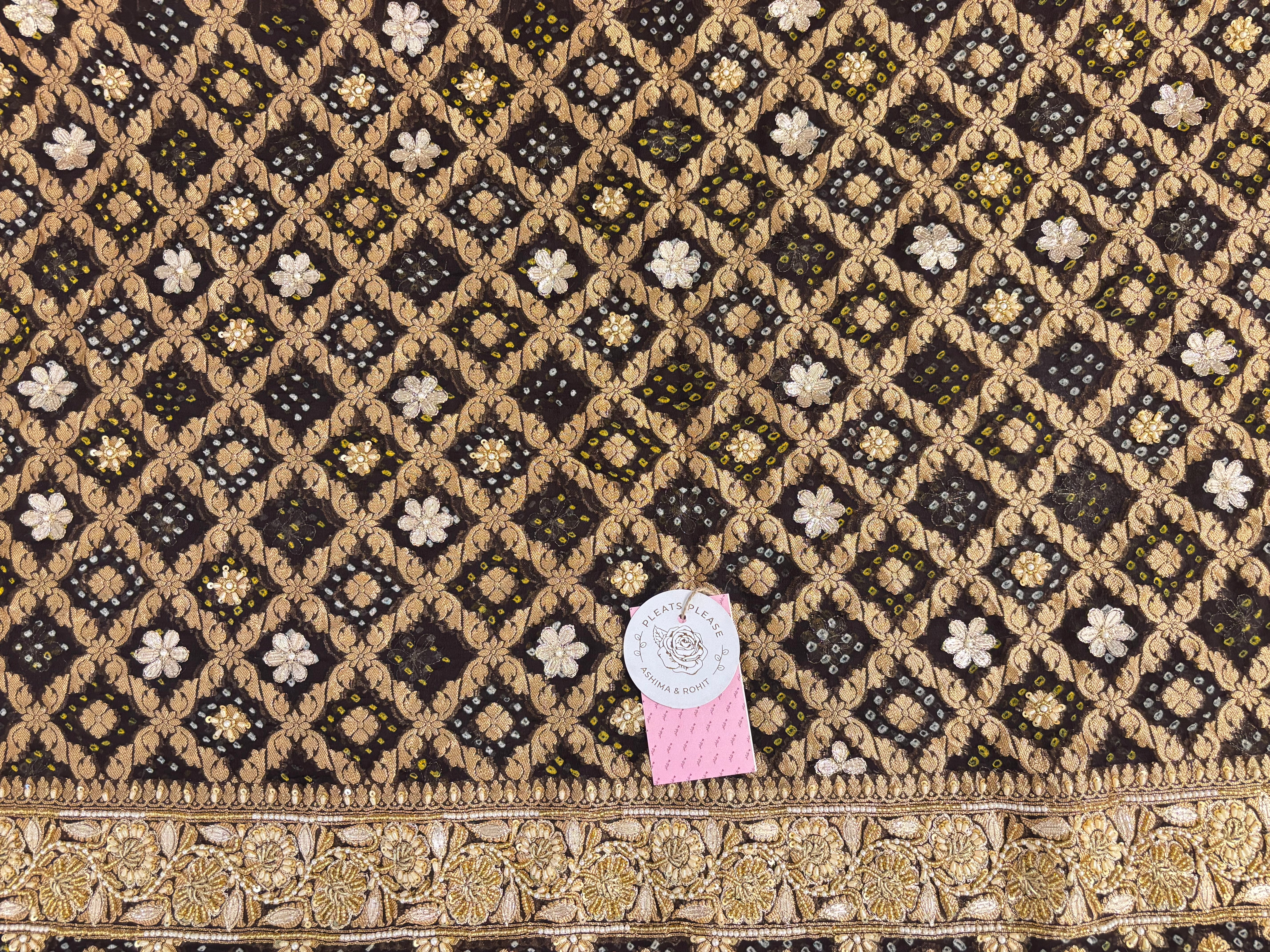 Deep Brown Pure Georgette Gota Patti Bandhej Zardozi Dupatta