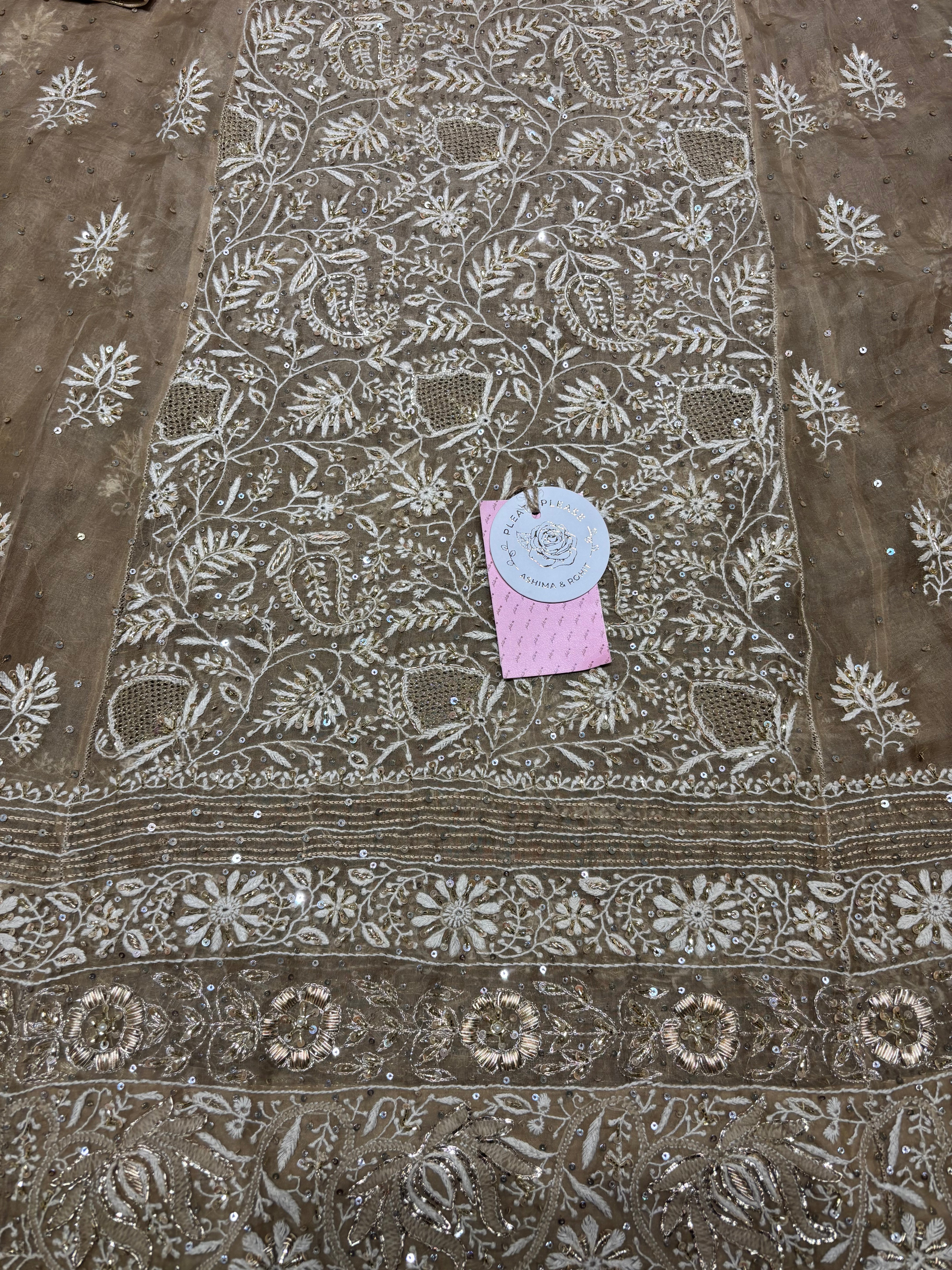 Brown Pure & Premium Organza Chikankari Anarkali & Dupatta Set