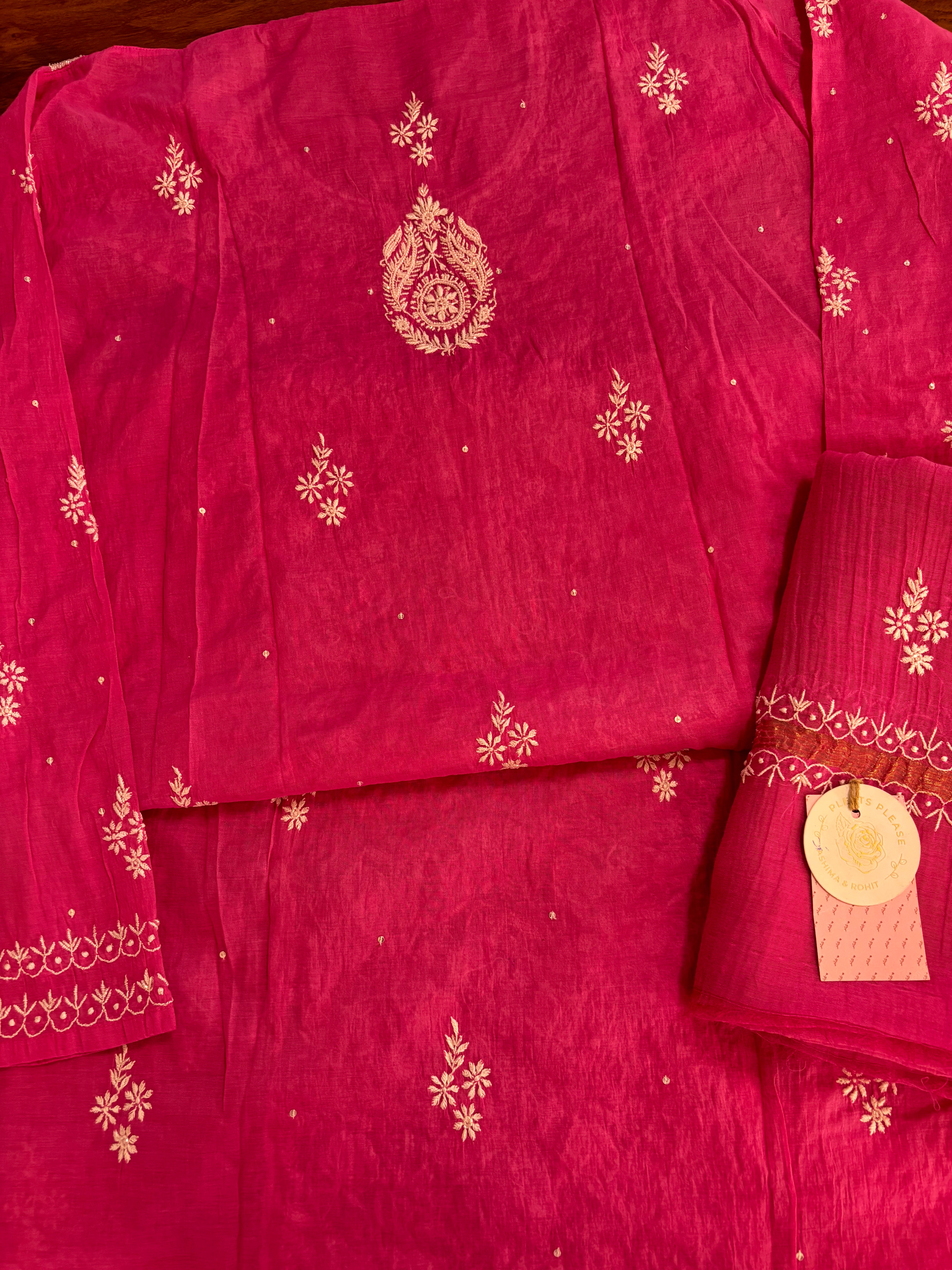 Magenta Chanderi Cotton Chikankari Kurta & Dupatta