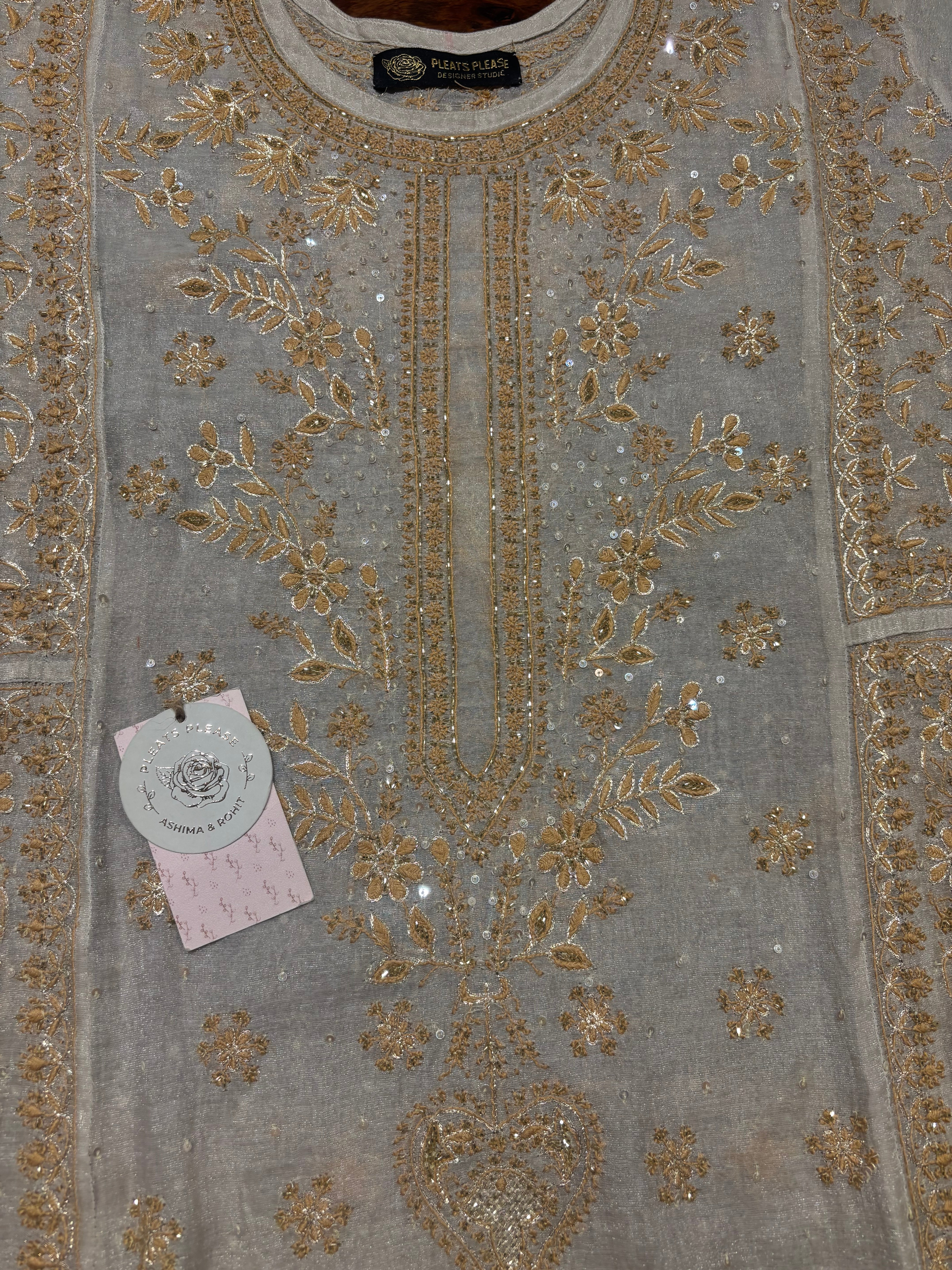 Dyeable Pure & Premium Silver Tissue Chikankari A- Line Anarkali & Dupatta Set