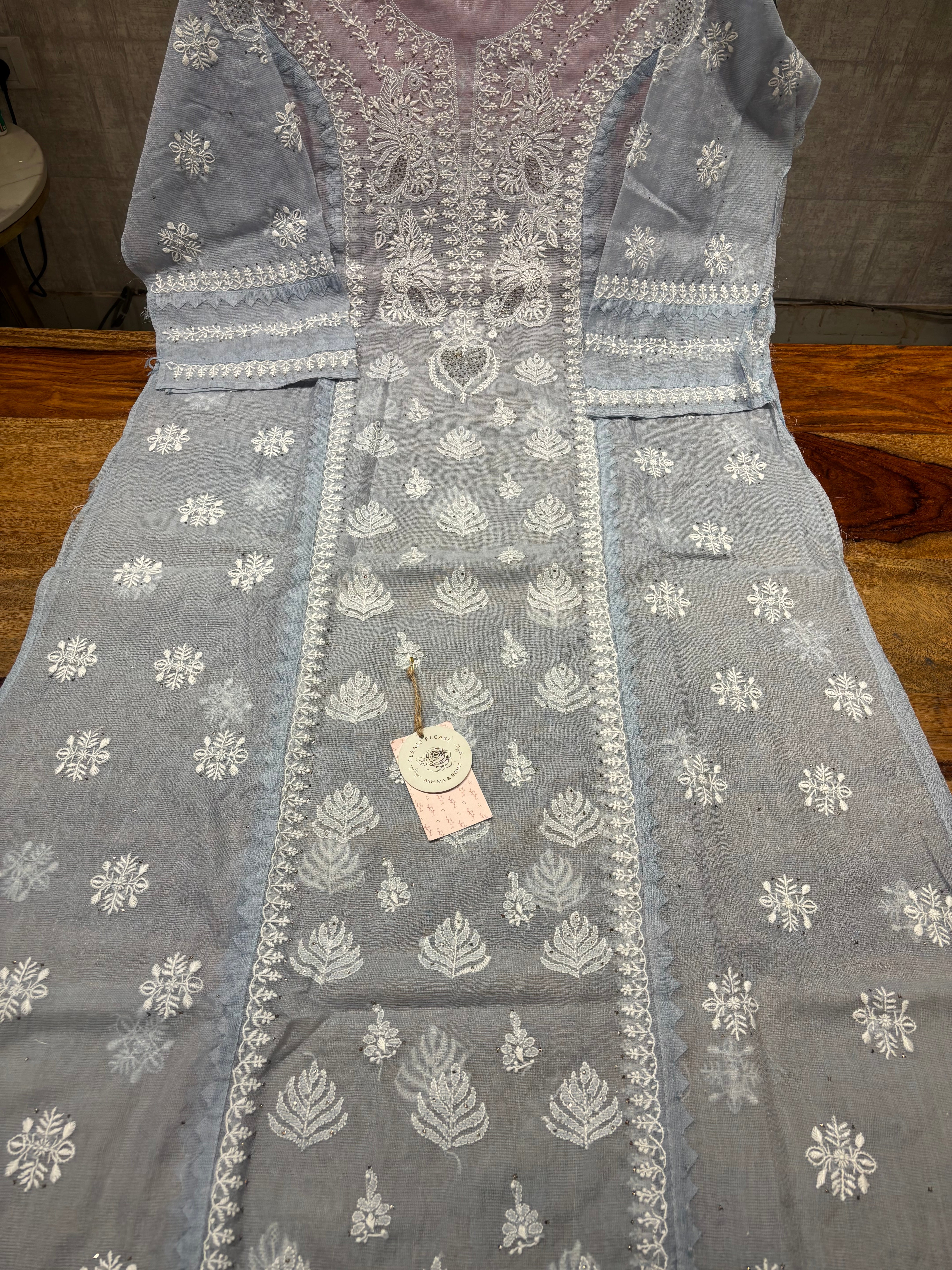 Blue Kota Doria Chikankari Kurta