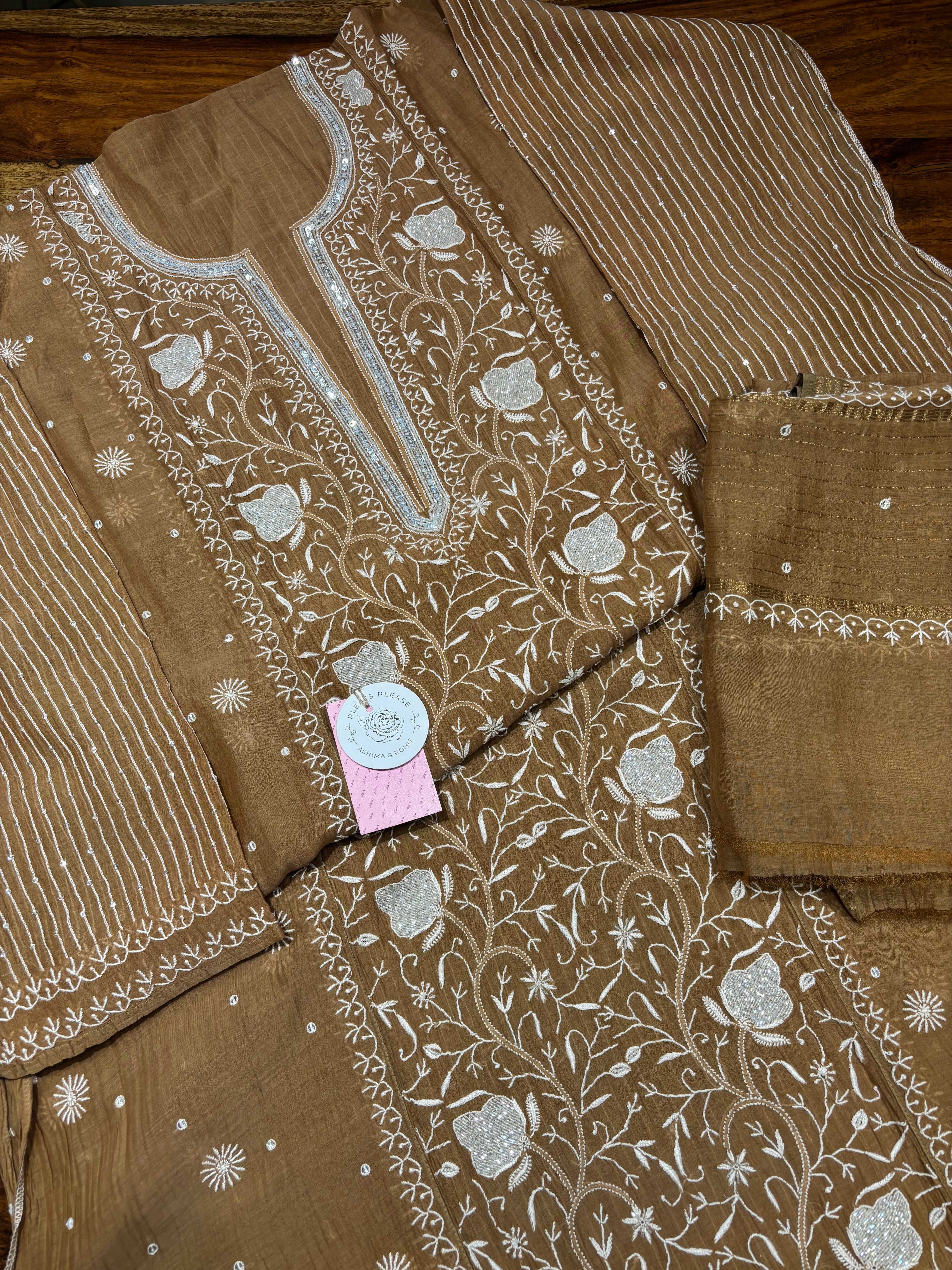 Chocolate Brown Chanderi Mul Chikankari Kurta & Dupatta Set