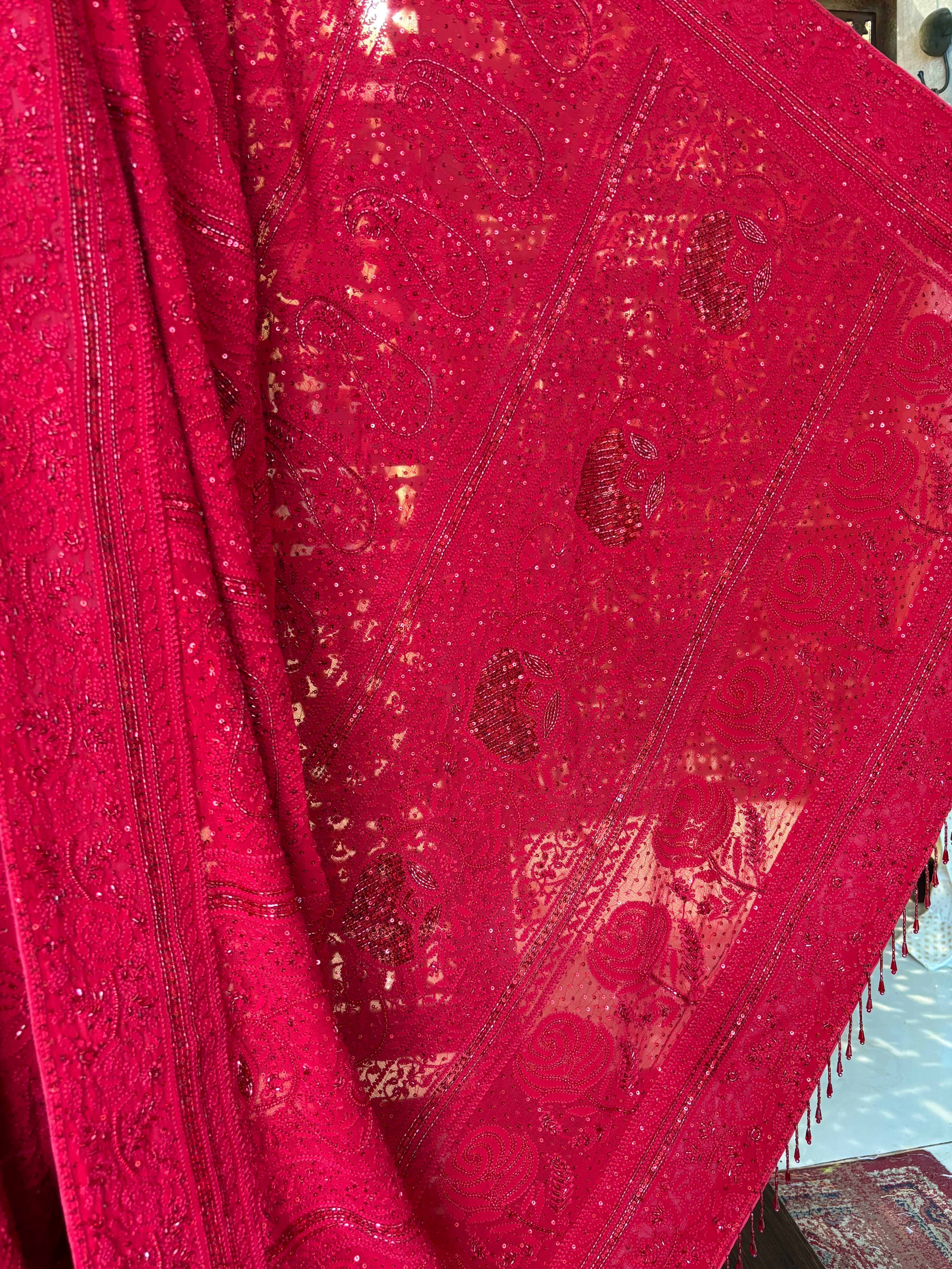 Crimson Red Pure & Premium Georgette Chikankari Saree - Pleats PleaseChikankari