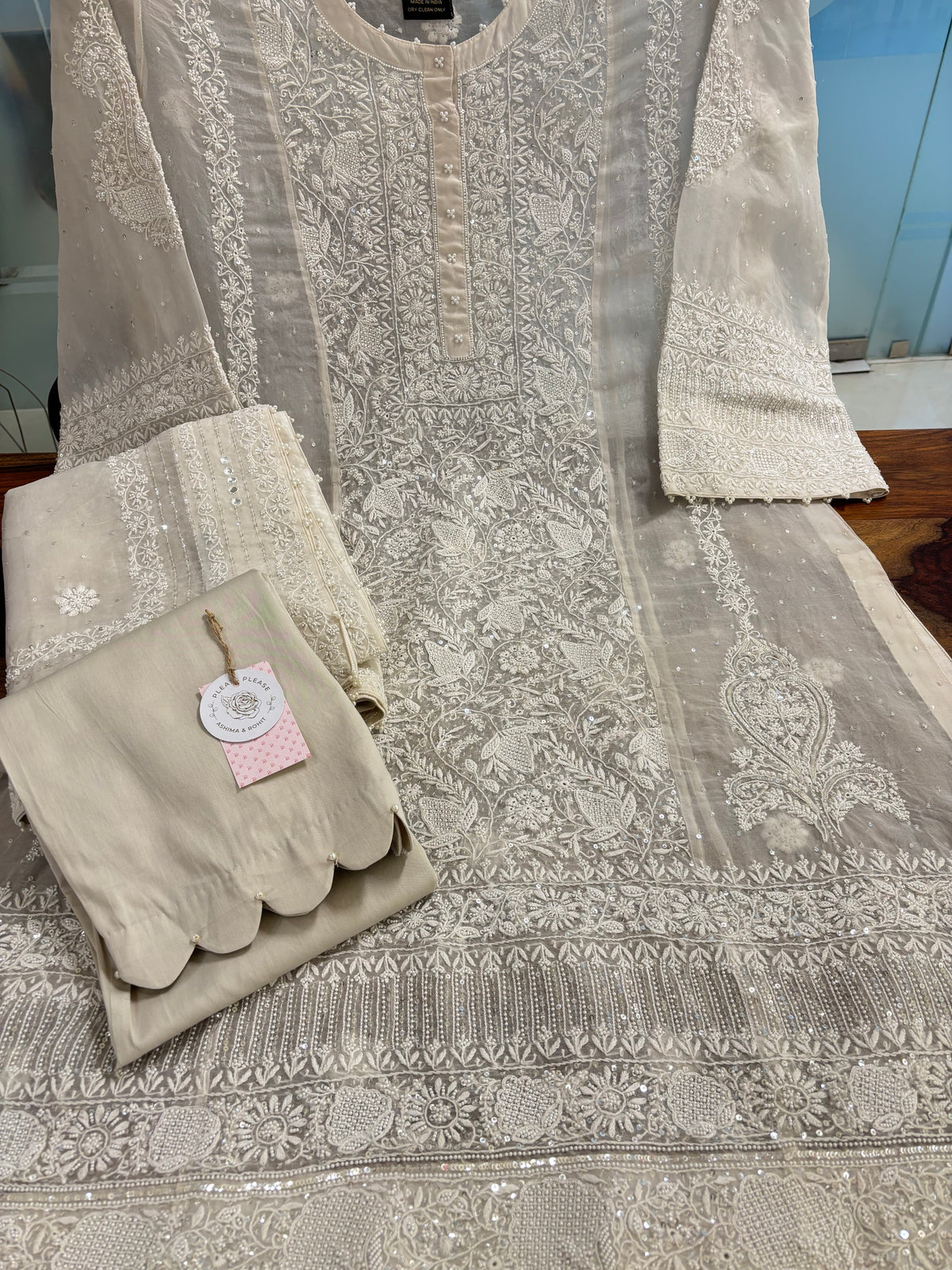 Dyeable Pure Organza Chikankari Kurta, Dupatta With Bottom